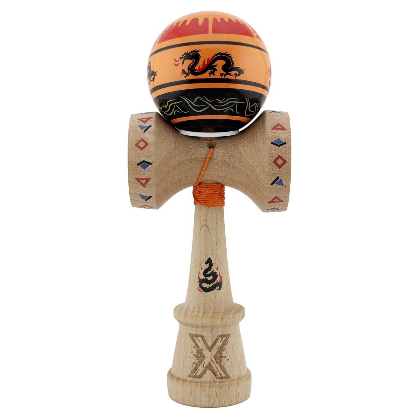 Kendama X Originala, Profesionala, Klevo, DRAGON Series, Super Sticky cu Cupe Mari King Size V3, Rulment Metalic si Gaura in Baza, din Lemn 18 cm, Ata 62/65 cm, Portocaliu/Negru