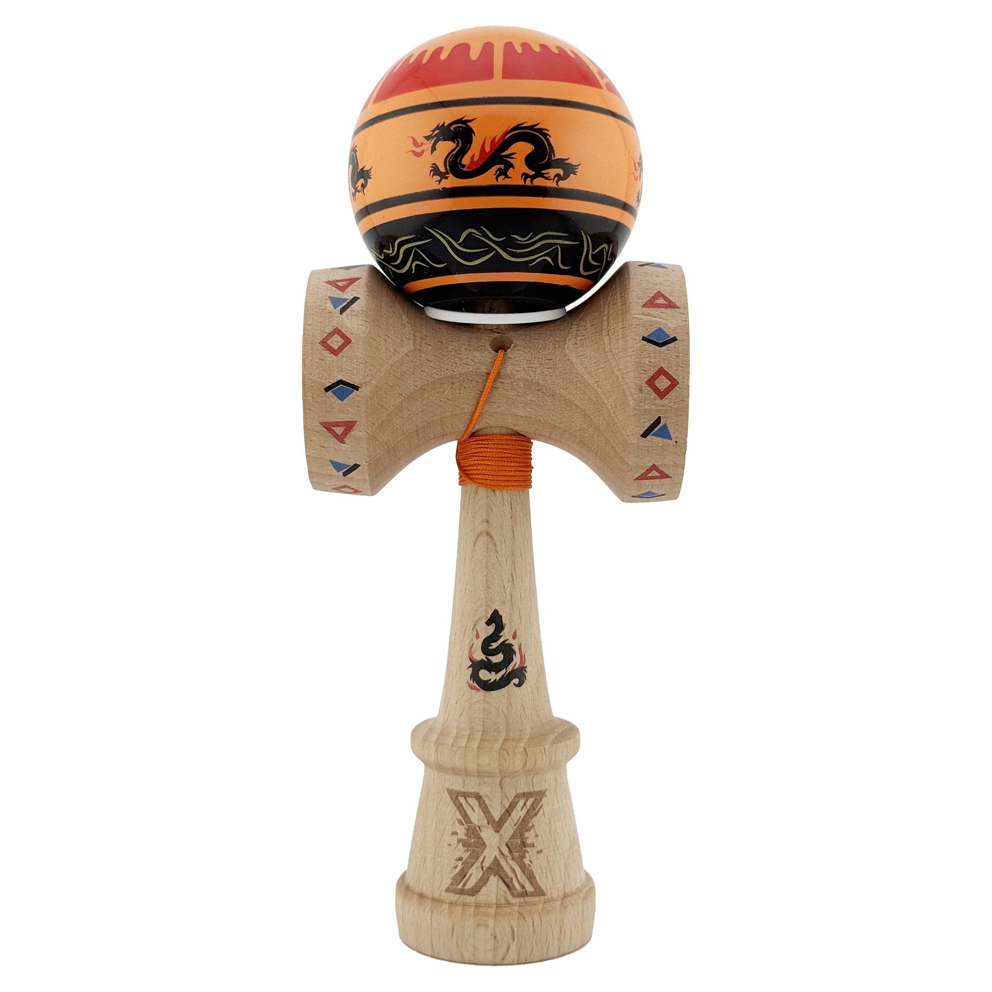 Kendama X Originala, Profesionala, Klevo, DRAGON Series, Super Sticky cu Cupe Mari King Size V3, Rulment Metalic si Gaura in Baza, din Lemn 18 cm, Ata 62/65 cm, Portocaliu/Negru