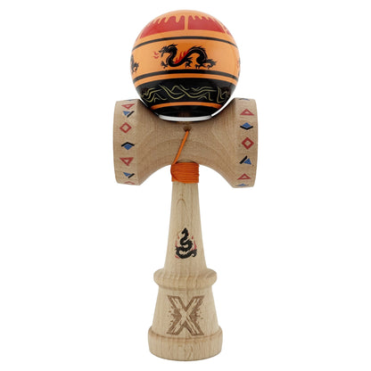Kendama X Originala, Profesionala, Klevo, DRAGON Series, Super Sticky cu Cupe Mari King Size V3, Rulment Metalic si Gaura in Baza, din Lemn 18 cm, Ata 62/65 cm, Portocaliu/Negru