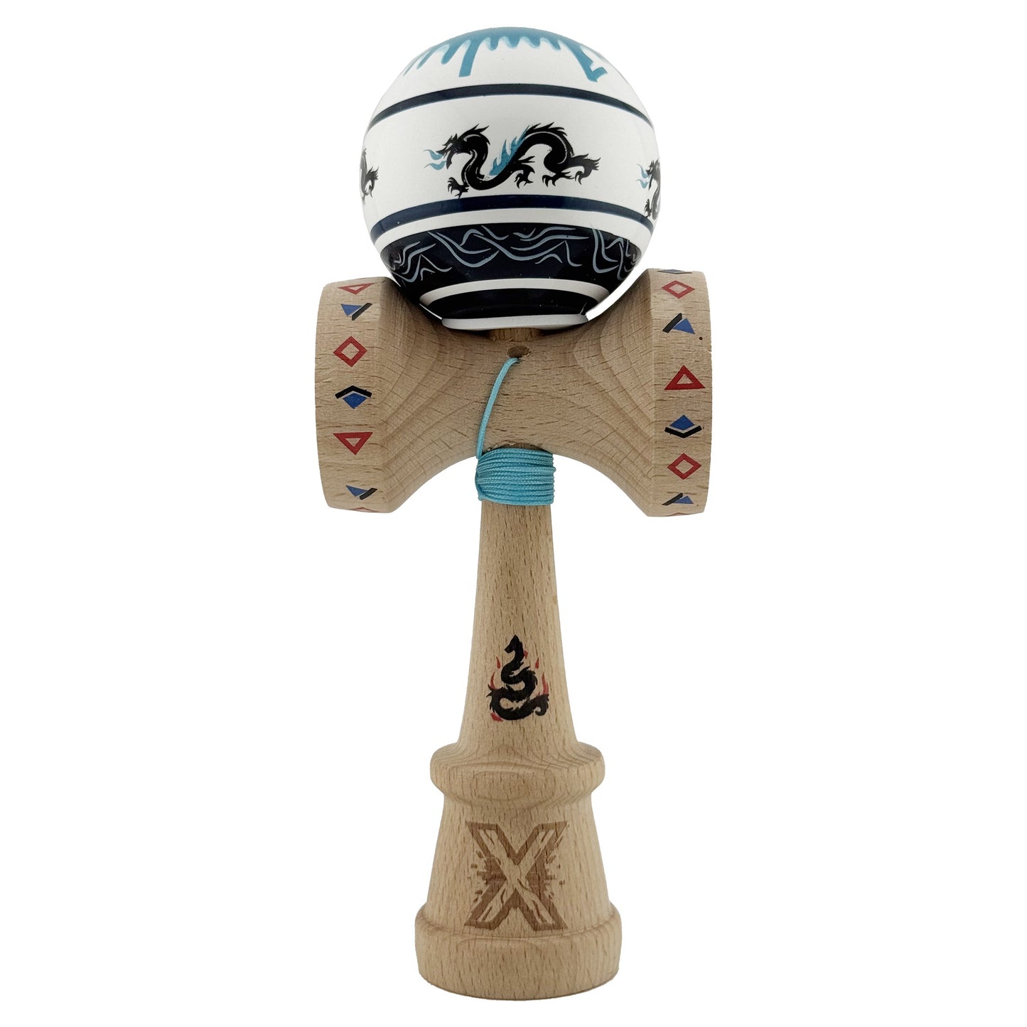 Kendama X Originala, Profesionala, Klevo, DRAGON Series, Super Sticky cu Cupe Mari King Size V3, Rulment Metalic si Gaura in Baza, din Lemn 18 cm, Ata 62/65 cm, Albastru/Negru