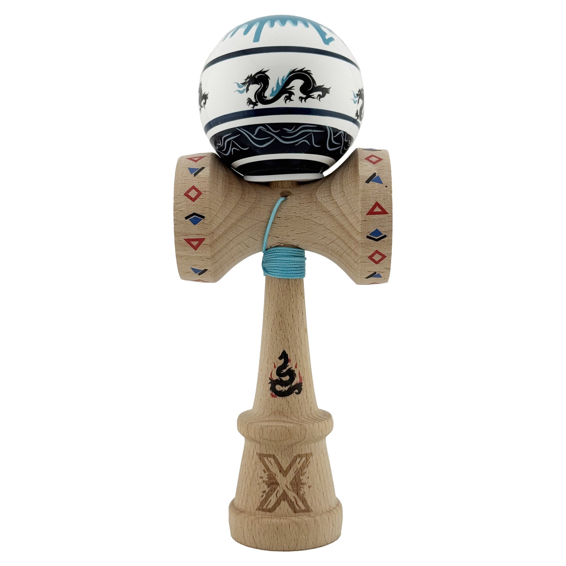 Kendama X Originala, Profesionala, Klevo, DRAGON Series, Super Sticky cu Cupe Mari King Size V3, Rulment Metalic si Gaura in Baza, din Lemn 18 cm, Ata 62/65 cm, Albastru/Negru