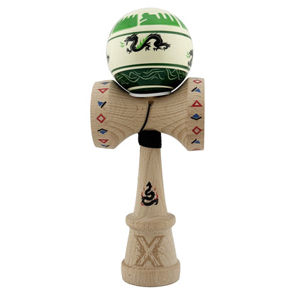 Kendama X Originala, Profesionala, Klevo, DRAGON Series, Super Sticky cu Cupe Mari King Size V3, Rulment Metalic si Gaura in Baza, din Lemn 18 cm, Ata 62/65 cm, Verde deschis/Negru