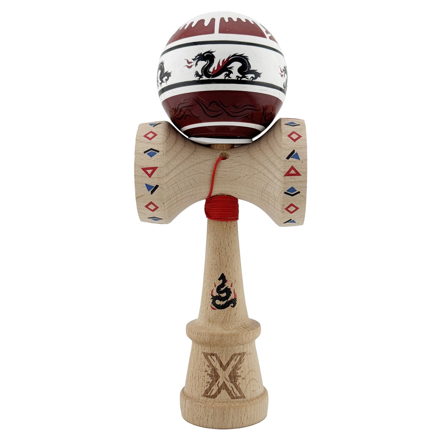 Kendama X Originala, Profesionala, Klevo, DRAGON Series, Super Sticky cu Cupe Mari King Size V3, Rulment Metalic si Gaura in Baza, din Lemn 18 cm, Ata 62/65 cm, Alb/Rosu inchis