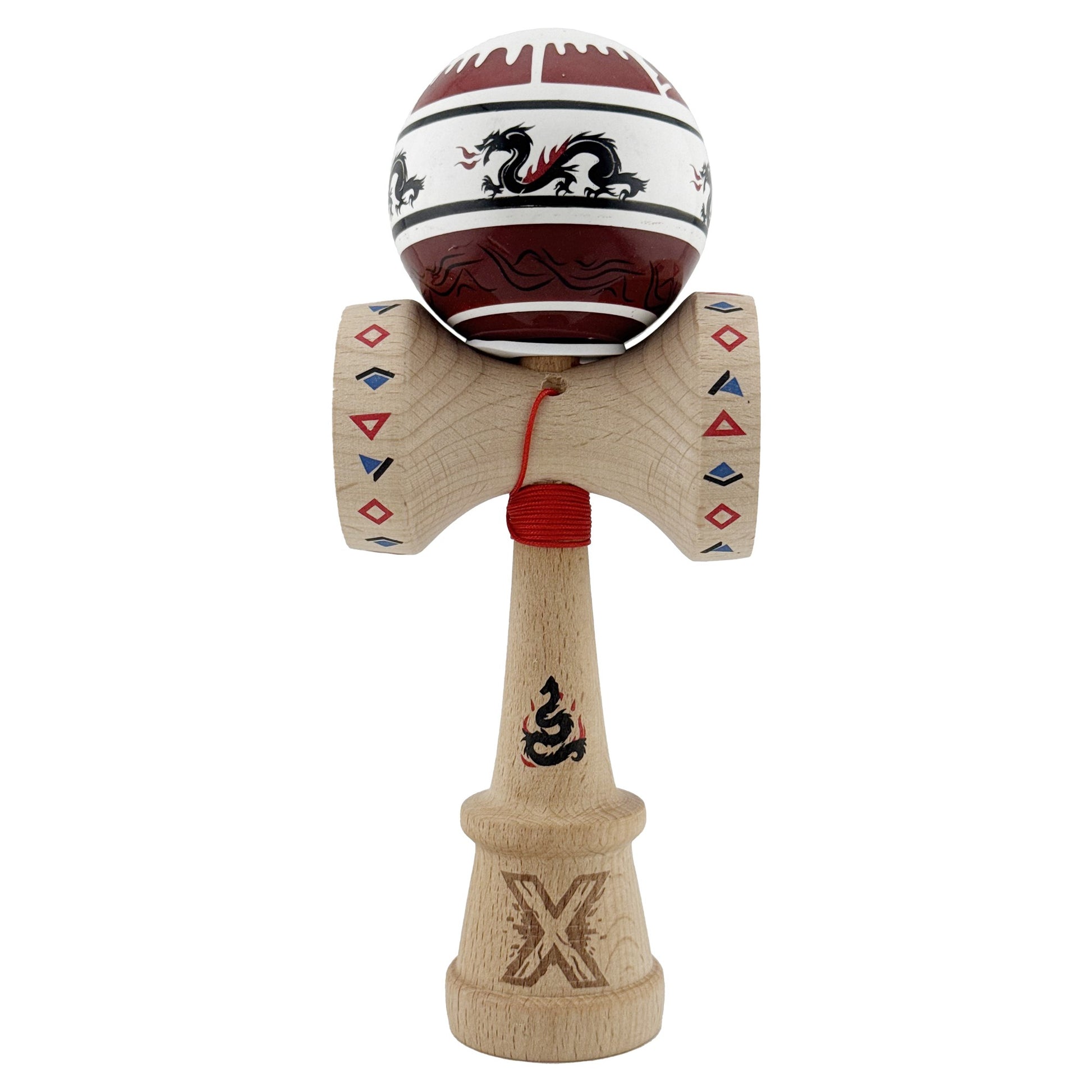 Kendama X Originala, Profesionala, Klevo, DRAGON Series, Super Sticky cu Cupe Mari King Size V3, Rulment Metalic si Gaura in Baza, din Lemn 18 cm, Ata 62/65 cm, Alb/Rosu inchis