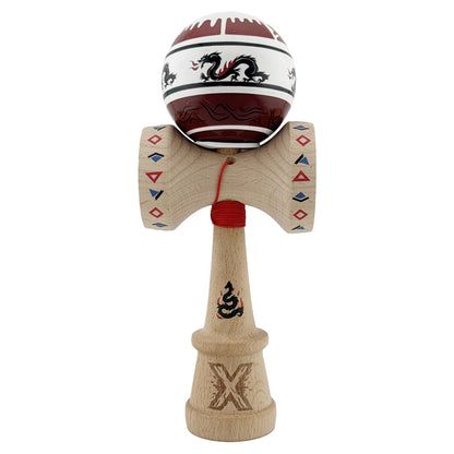 Kendama X Originala, Profesionala, Klevo, DRAGON Series, Super Sticky cu Cupe Mari King Size V3, Rulment Metalic si Gaura in Baza, din Lemn 18 cm, Ata 62/65 cm, Alb/Rosu inchis