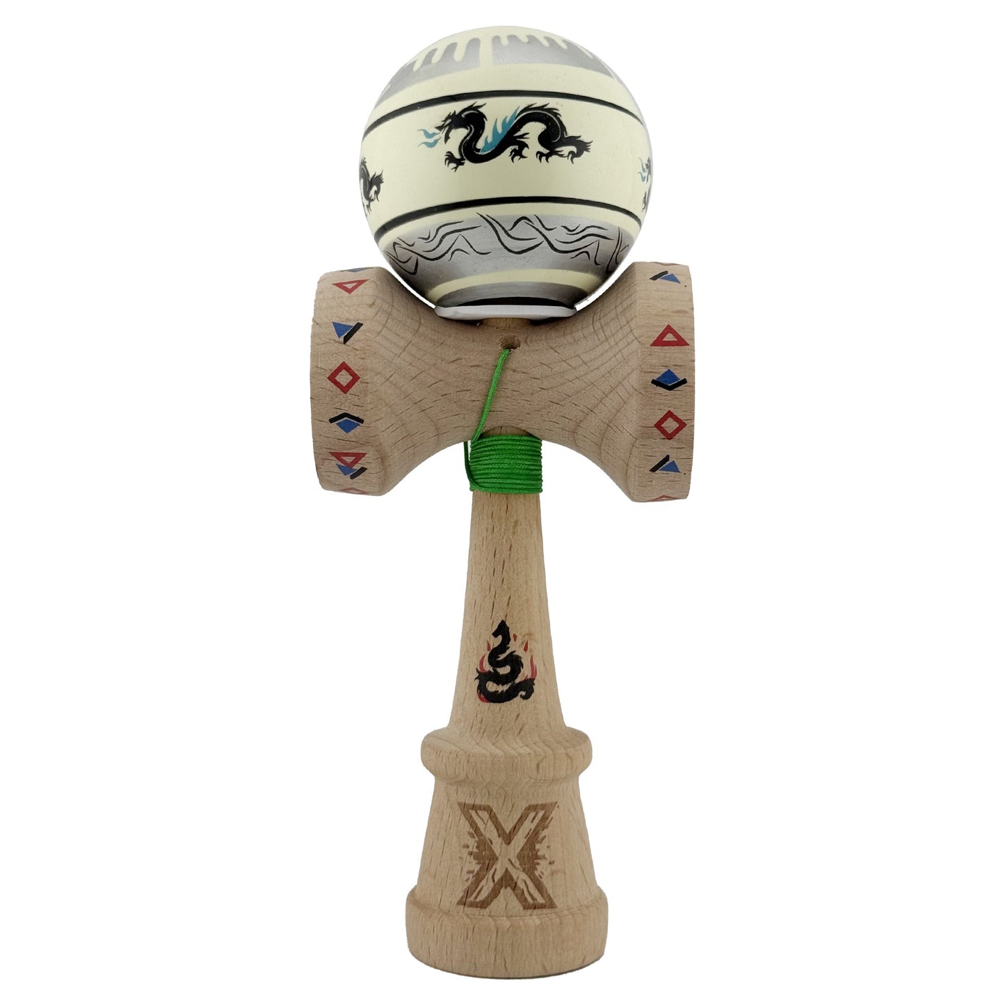 Kendama X Originala, Profesionala, Klevo, DRAGON Series, Super Sticky cu Cupe Mari King Size V3, Rulment Metalic si Gaura in Baza, din Lemn 18 cm, Ata 62/65 cm, Gri/Verde deschis