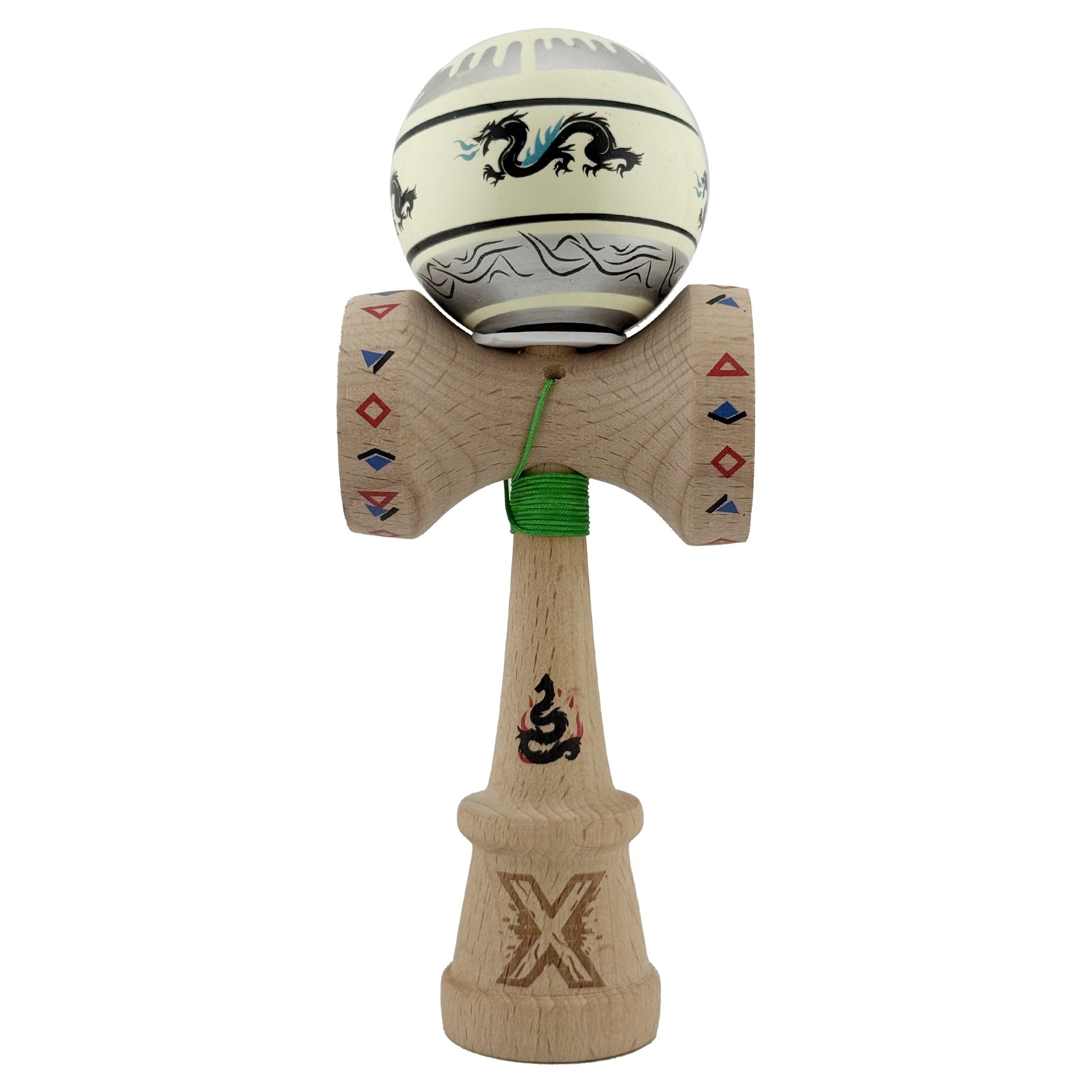 Kendama X Originala, Profesionala, Klevo, DRAGON Series, Super Sticky cu Cupe Mari King Size V3, Rulment Metalic si Gaura in Baza, din Lemn 18 cm, Ata 62/65 cm, Gri/Verde deschis