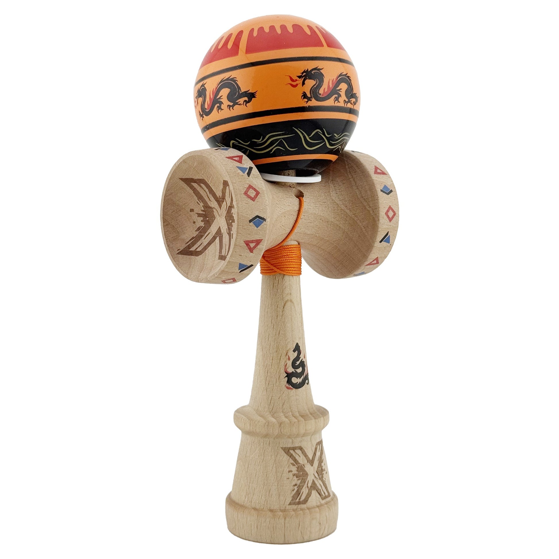 Kendama X Originala, Profesionala, Klevo, DRAGON Series, Super Sticky cu Cupe Mari King Size V3, Rulment Metalic si Gaura in Baza, din Lemn 18 cm, Ata 62/65 cm, Portocaliu/Negru
