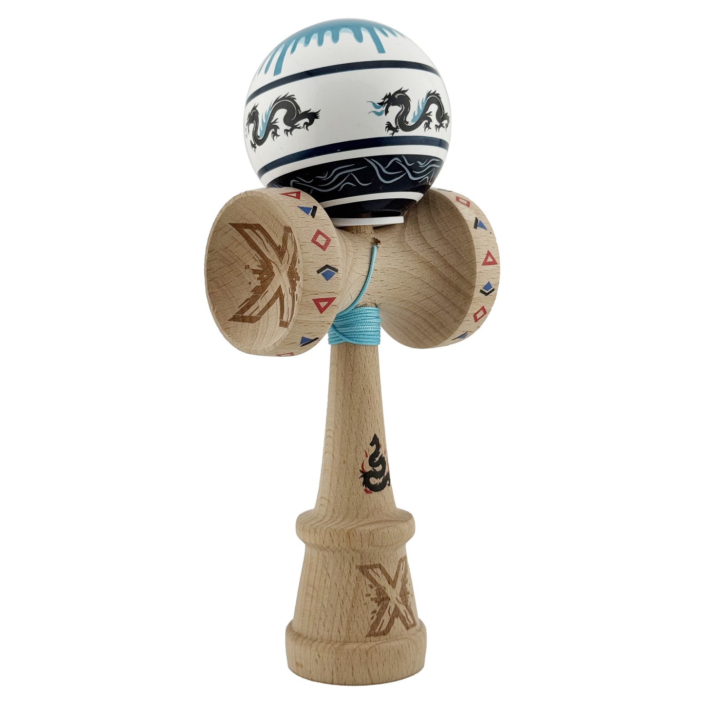 Kendama X Originala, Profesionala, Klevo, DRAGON Series, Super Sticky cu Cupe Mari King Size V3, Rulment Metalic si Gaura in Baza, din Lemn 18 cm, Ata 62/65 cm, Albastru/Negru