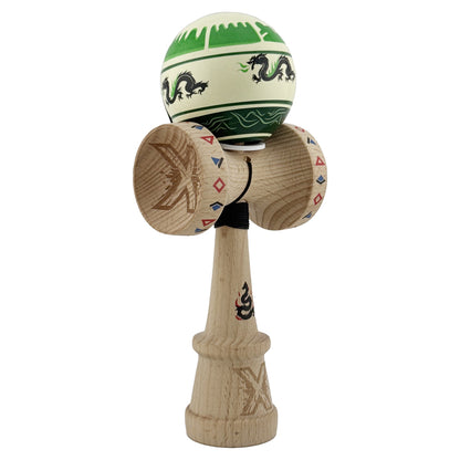Kendama X Originala, Profesionala, Klevo, DRAGON Series, Super Sticky cu Cupe Mari King Size V3, Rulment Metalic si Gaura in Baza, din Lemn 18 cm, Ata 62/65 cm, Verde deschis/Negru