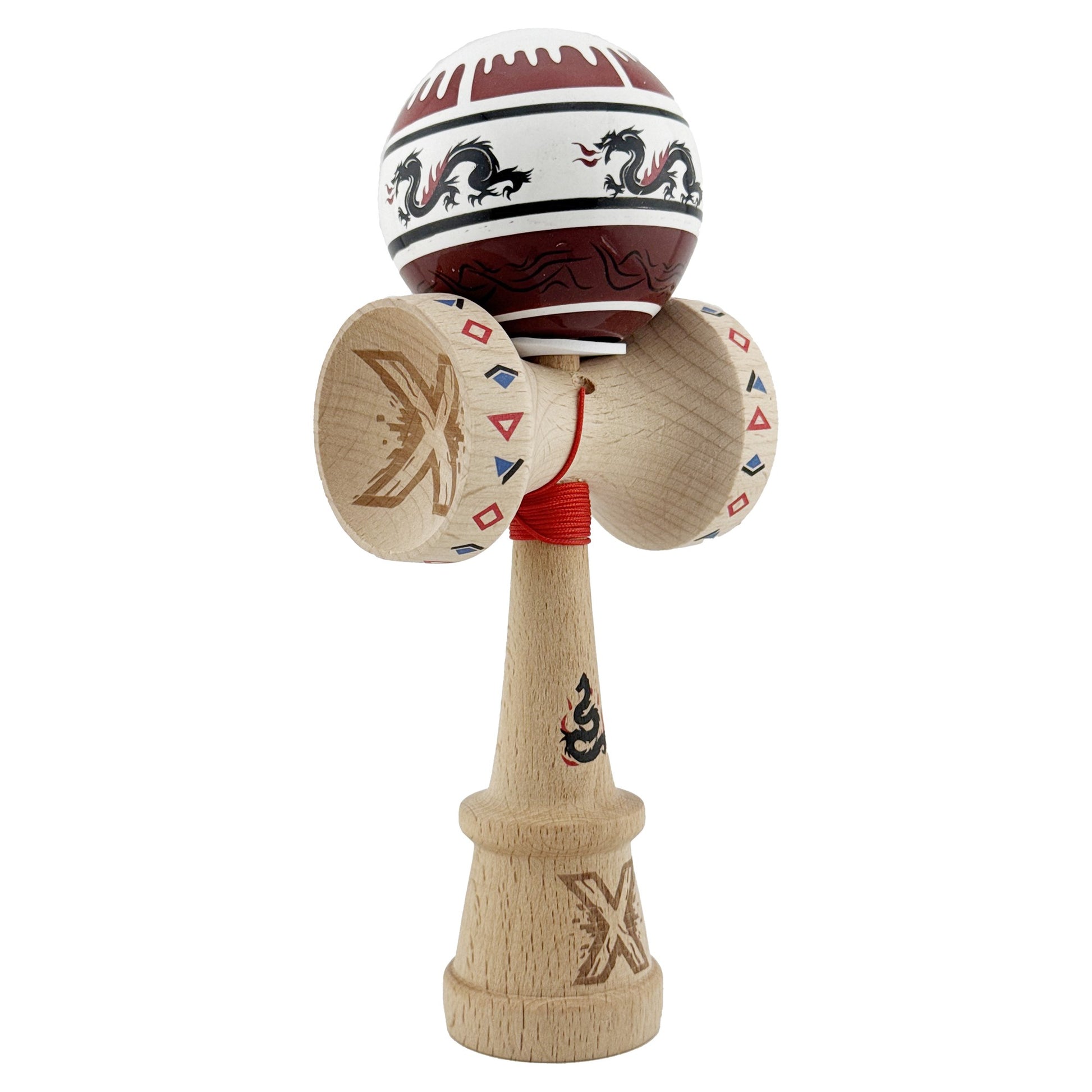 Kendama X Originala, Profesionala, Klevo, DRAGON Series, Super Sticky cu Cupe Mari King Size V3, Rulment Metalic si Gaura in Baza, din Lemn 18 cm, Ata 62/65 cm, Alb/Rosu inchis