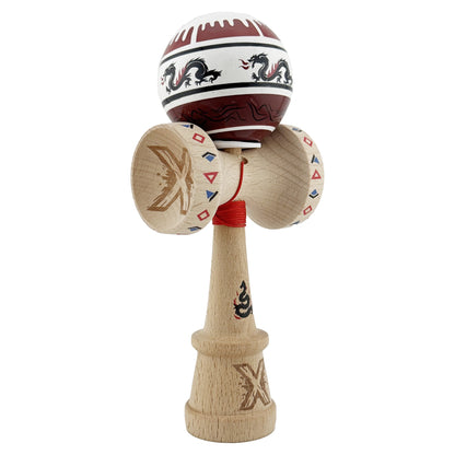 Kendama X Originala, Profesionala, Klevo, DRAGON Series, Super Sticky cu Cupe Mari King Size V3, Rulment Metalic si Gaura in Baza, din Lemn 18 cm, Ata 62/65 cm, Alb/Rosu inchis