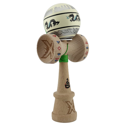 Kendama X Originala, Profesionala, Klevo, DRAGON Series, Super Sticky cu Cupe Mari King Size V3, Rulment Metalic si Gaura in Baza, din Lemn 18 cm, Ata 62/65 cm, Gri/Verde deschis