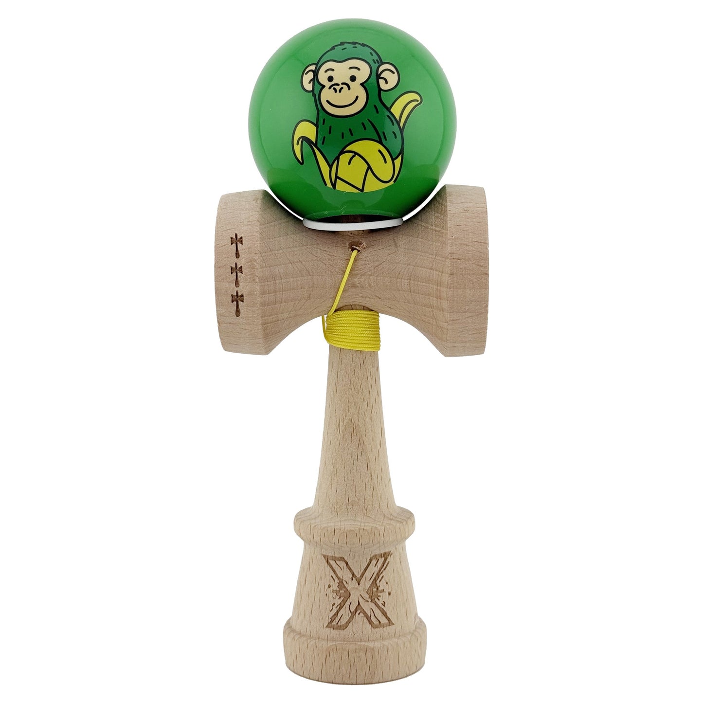 Kendama X Originala, Profesionala, Klevo, Green Monkey, Super Sticky cu Cupe Mari King Size V3, Rulment Metalic si Gaura in Baza, din Lemn 18 cm, Ata 62/65 cm, Verde