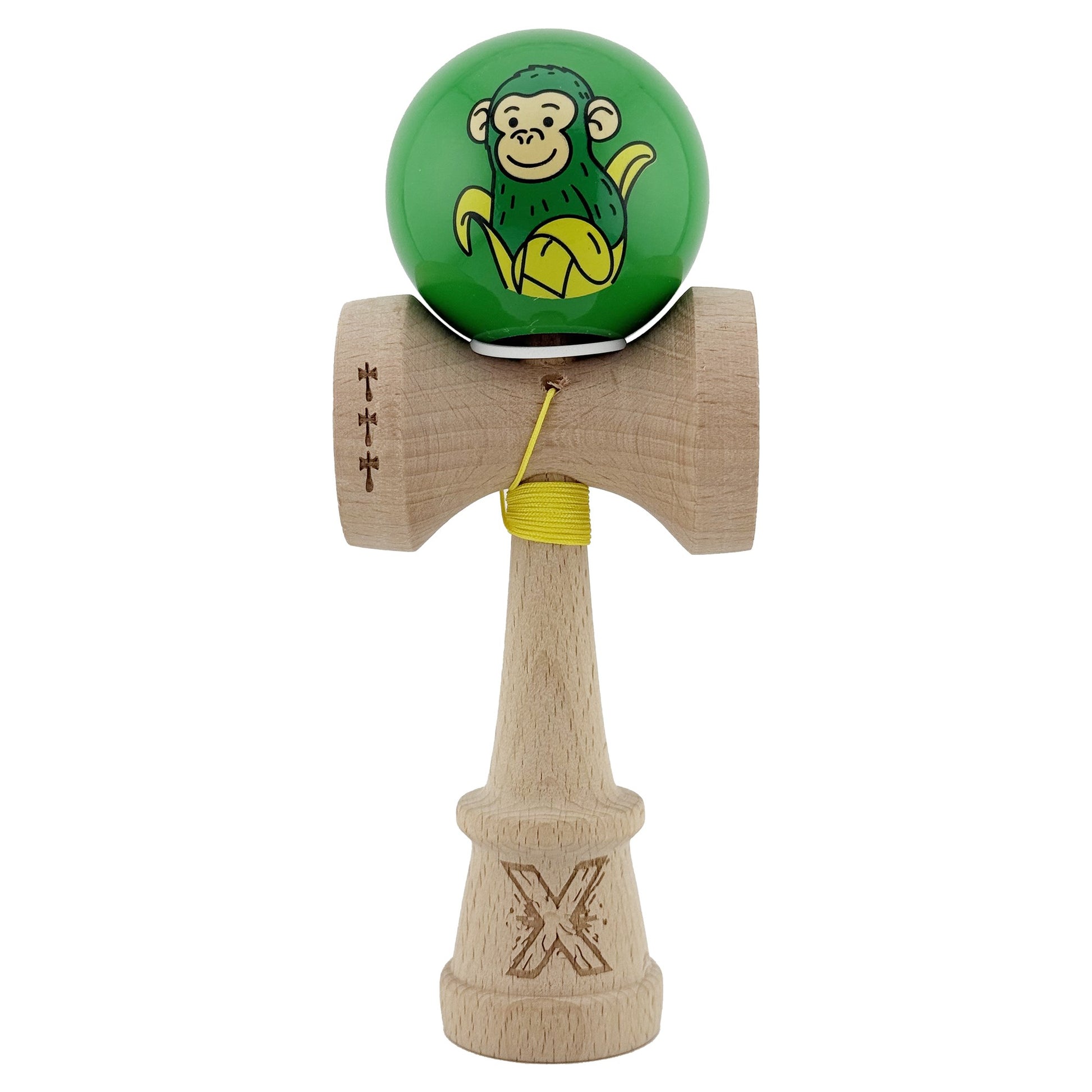 Kendama X Originala, Profesionala, Klevo, Green Monkey, Super Sticky cu Cupe Mari King Size V3, Rulment Metalic si Gaura in Baza, din Lemn 18 cm, Ata 62/65 cm, Verde