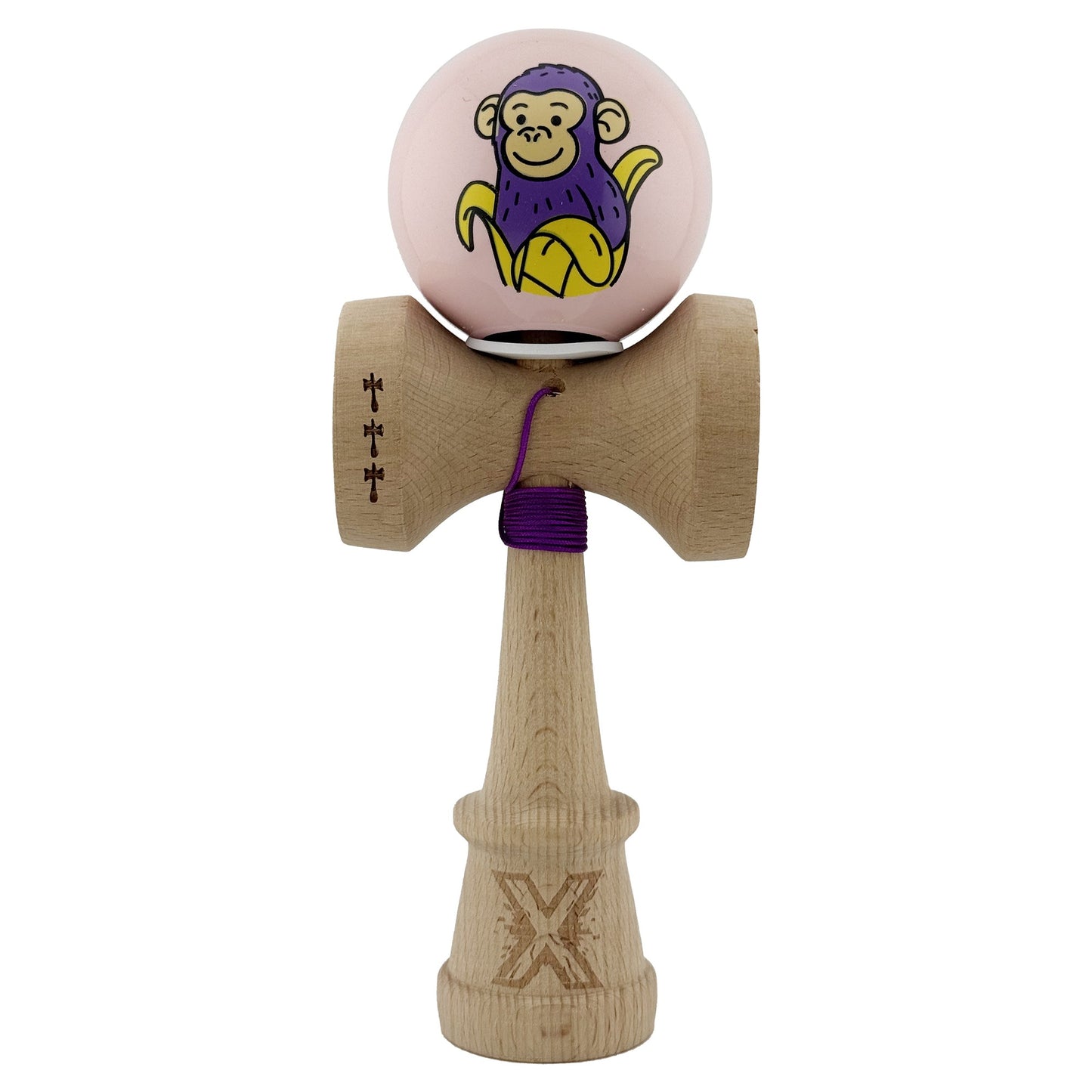 Kendama X Originala, Profesionala, Klevo, Violet Monkey, Super Sticky cu Cupe Mari King Size V3, Rulment Metalic si Gaura in Baza, din Lemn 18 cm, Ata 62/65 cm, Roz