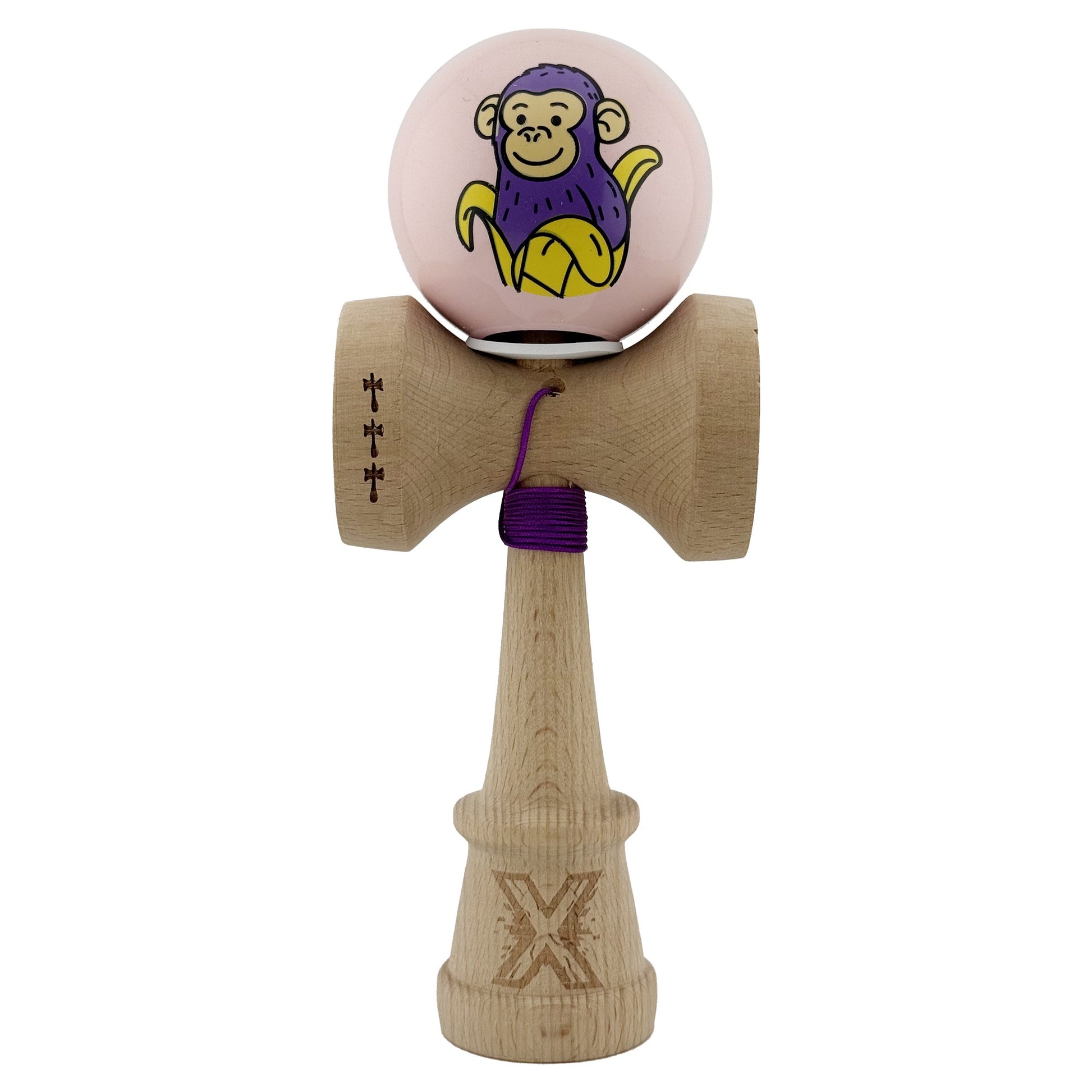 Kendama X Originala, Profesionala, Klevo, Violet Monkey, Super Sticky cu Cupe Mari King Size V3, Rulment Metalic si Gaura in Baza, din Lemn 18 cm, Ata 62/65 cm, Roz