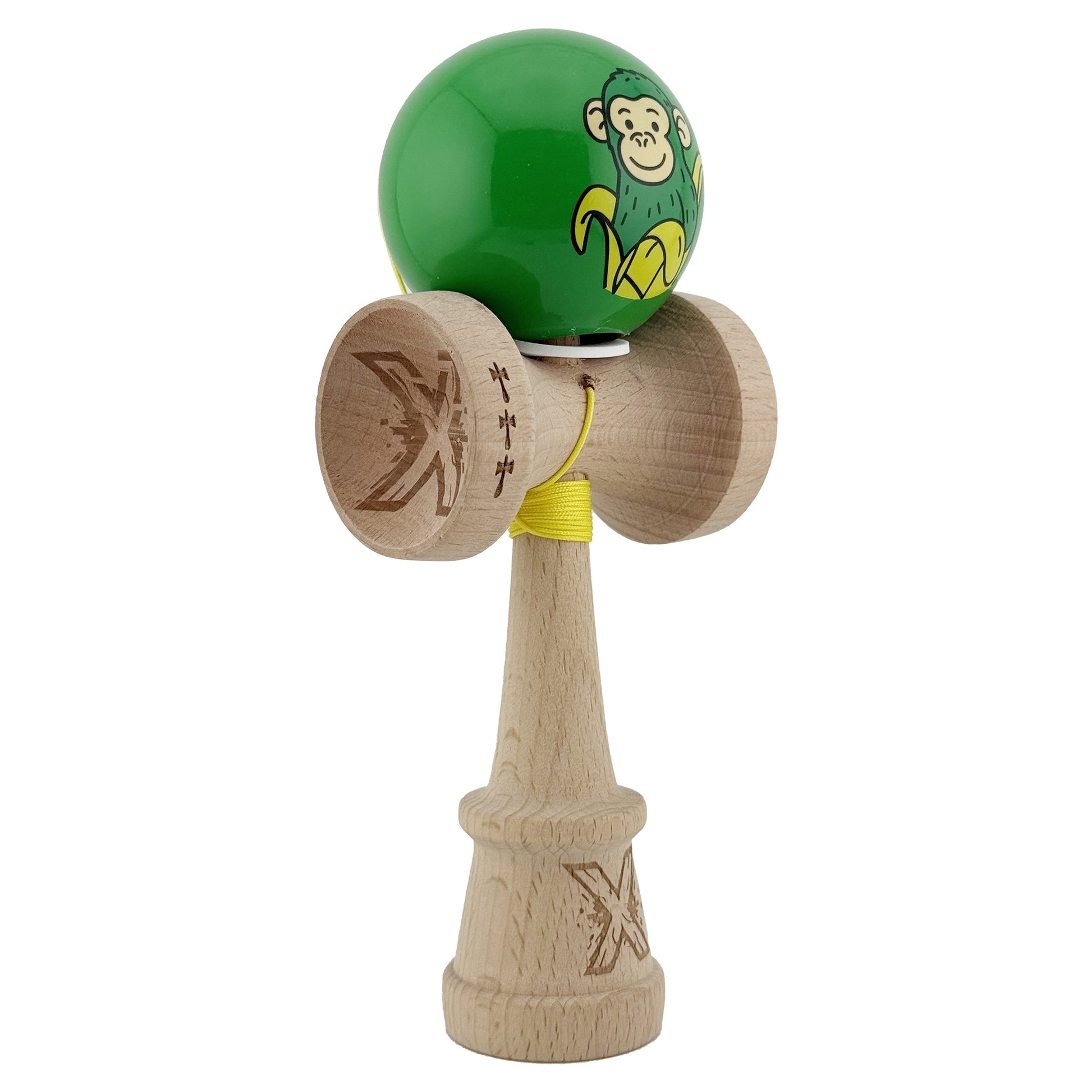 Kendama X Originala, Profesionala, Klevo, Green Monkey, Super Sticky cu Cupe Mari King Size V3, Rulment Metalic si Gaura in Baza, din Lemn 18 cm, Ata 62/65 cm, Verde