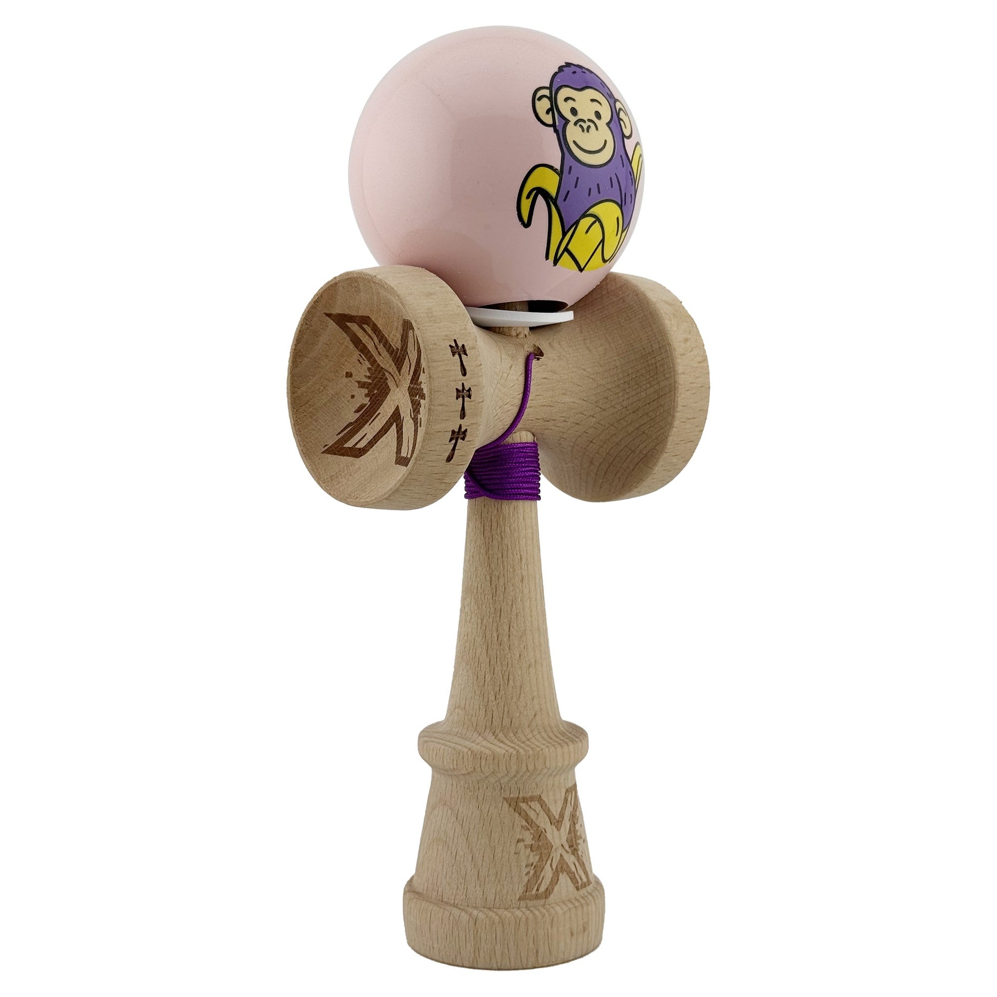 Kendama X Originala, Profesionala, Klevo, Violet Monkey, Super Sticky cu Cupe Mari King Size V3, Rulment Metalic si Gaura in Baza, din Lemn 18 cm, Ata 62/65 cm, Roz