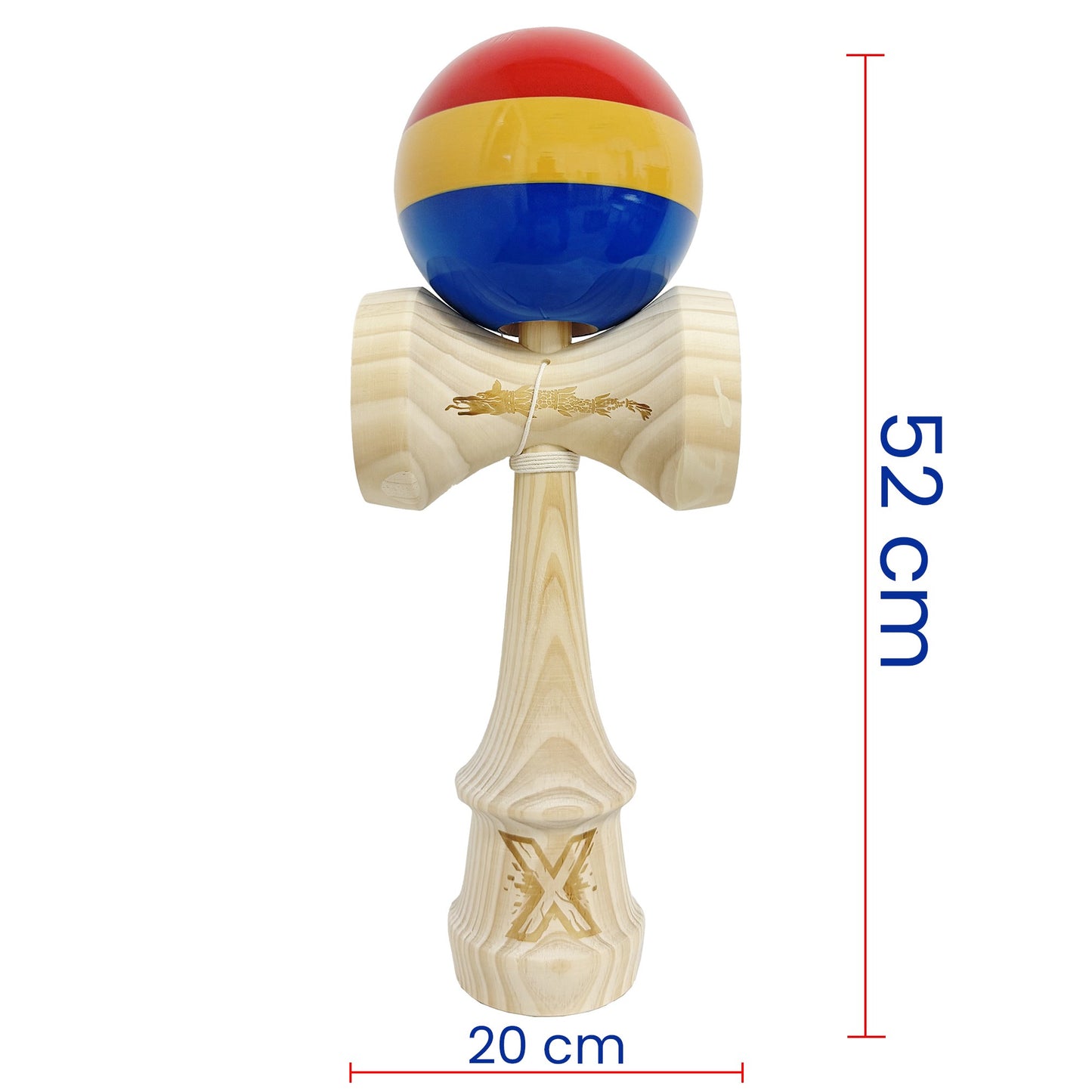 Kendama X Originala, Profesionala, Klevo, Inaltime 52 cm, SUPER BIG cu Cupe KING SIZE, Bila Super Sticky, Diametrul 17 cm, din Lemn, Multicolor