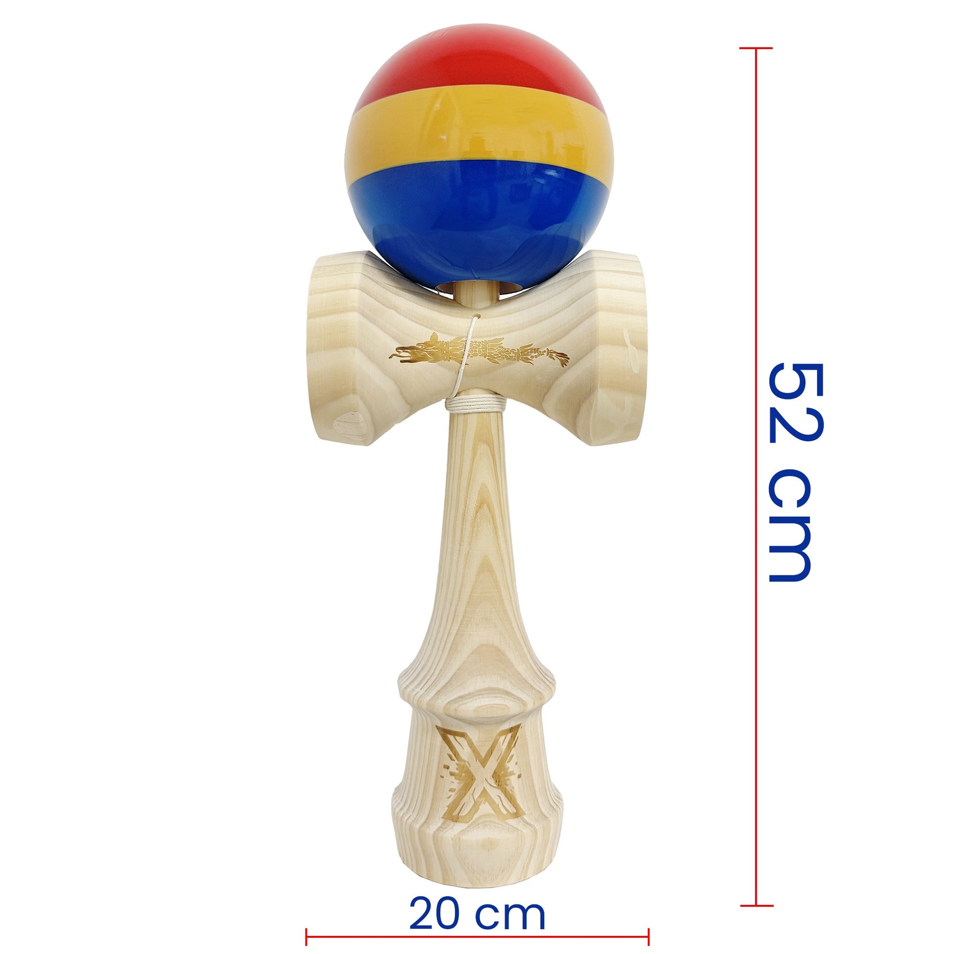 Kendama X Originala, Profesionala, Klevo, Inaltime 52 cm, SUPER BIG cu Cupe KING SIZE, Bila Super Sticky, Diametrul 17 cm, din Lemn, Multicolor