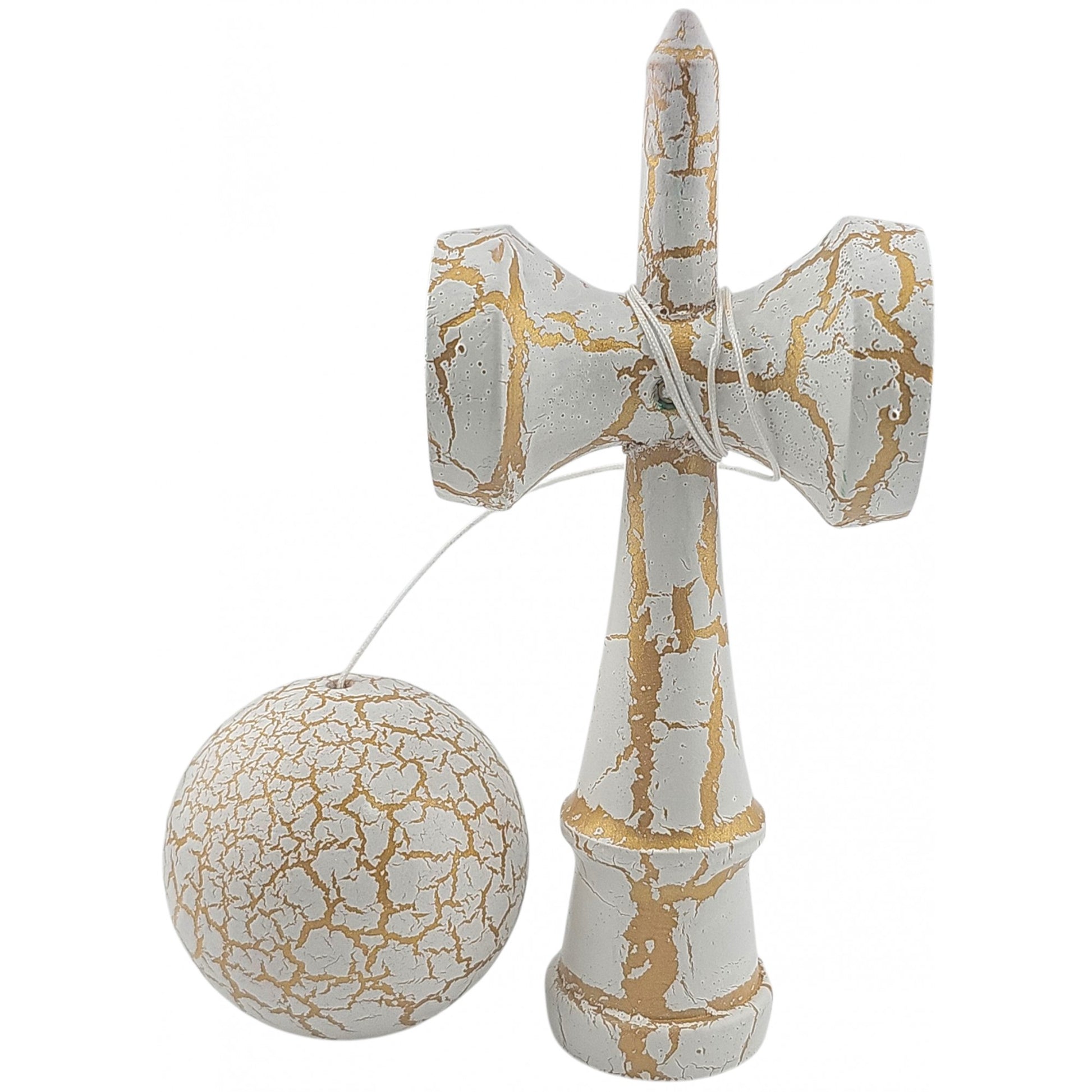Kendama X Originala, Profesionala, Klevo, Kendama Cracked, din Lemn – 18 cm, Alb/Galben
