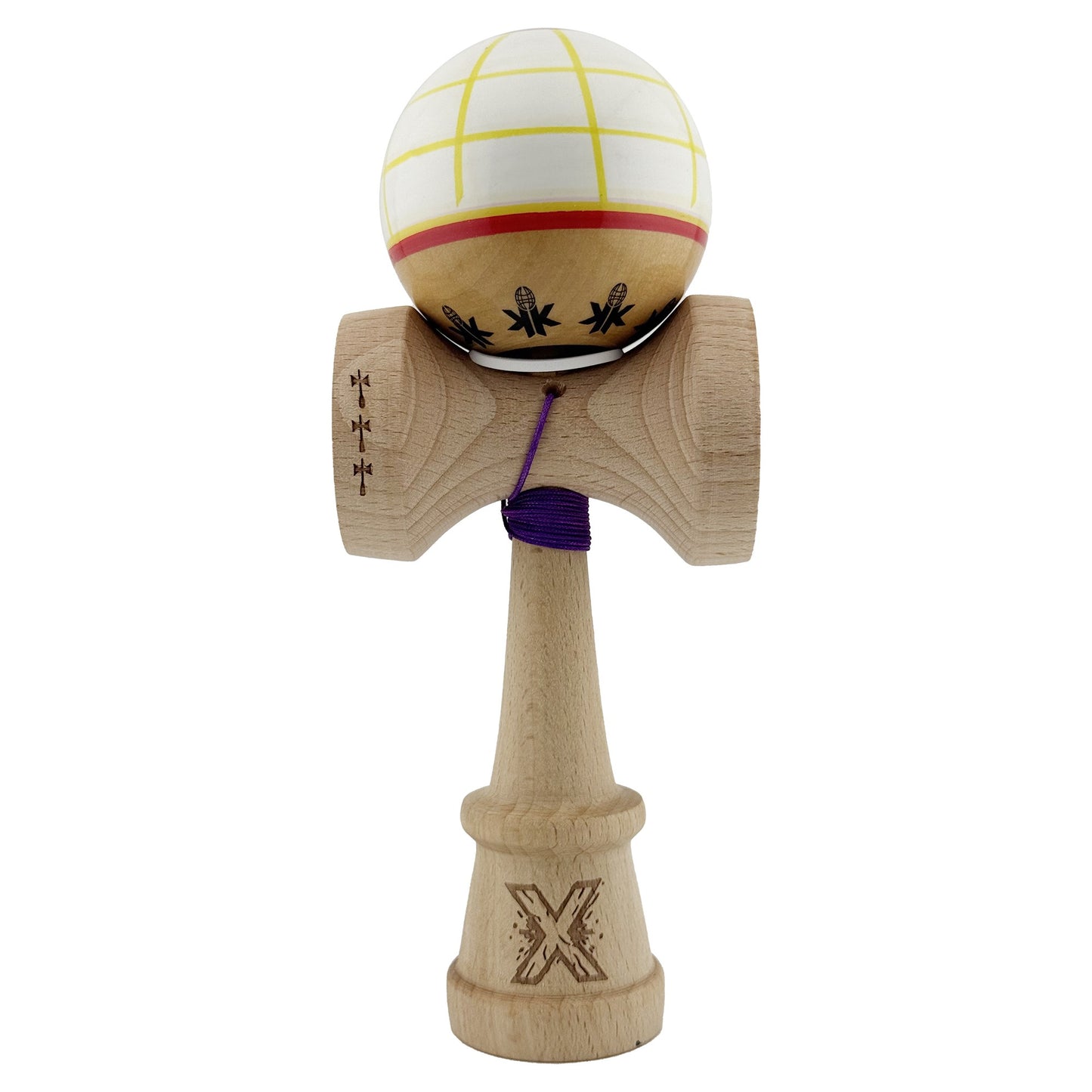 Kendama X Originala, Profesionala, Klevo, Legendary Glob, Cupe Mari KING SIZE V3, Super Sticky, Gaura in Baza, Rulment Metalic, din lemn 18 cm, Ata 62/65 cm, Alb/Galben/Rosu