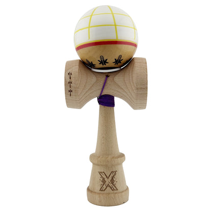 Kendama X Originala, Profesionala, Klevo, Legendary Glob, Cupe Mari KING SIZE V3, Super Sticky, Gaura in Baza, Rulment Metalic, din lemn 18 cm, Ata 62/65 cm, Alb/Galben/Rosu