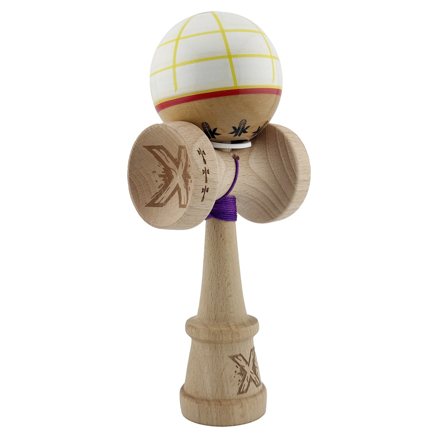 Kendama X Originala, Profesionala, Klevo, Legendary Glob, Cupe Mari KING SIZE V3, Super Sticky, Gaura in Baza, Rulment Metalic, din lemn 18 cm, Ata 62/65 cm, Alb/Galben/Rosu