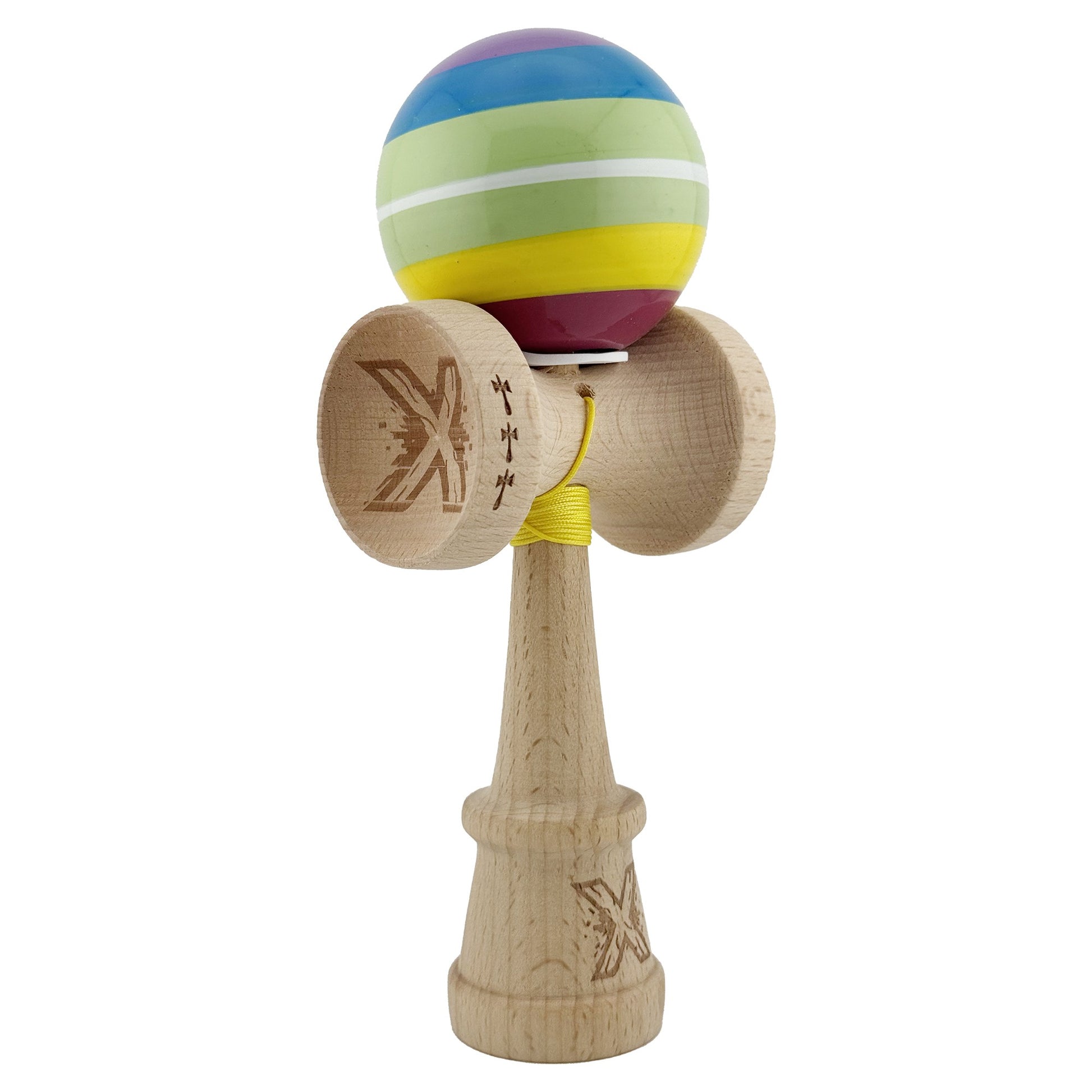 Kendama X Originala, Profesionala, Klevo, Legendary Spectrum, Cupe Mari KING SIZE V3, Super Sticky, Gaura in Baza, Rulment Metalic, din lemn 18 cm, Ata 62/65 cm, Multicolor