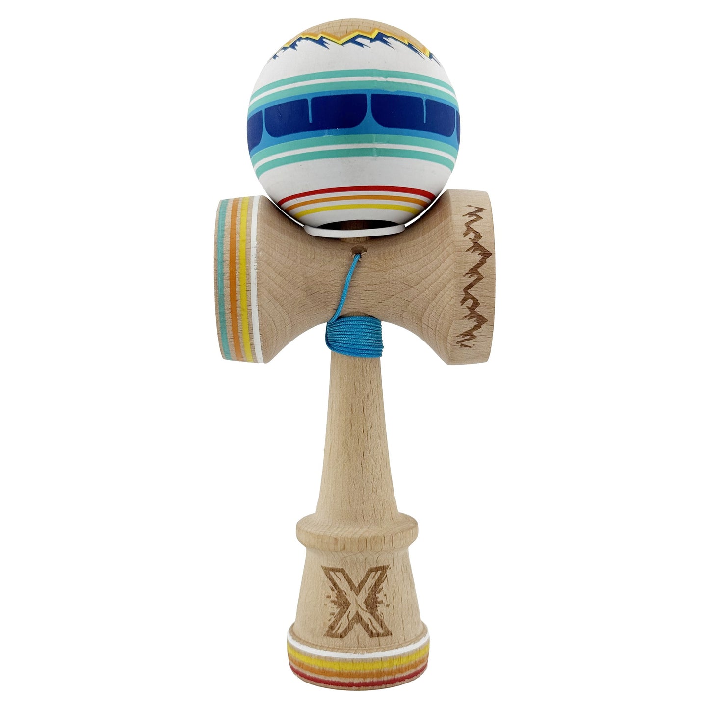 Kendama X Originala, Profesionala, Klevo, MOUNTAINS, Model Anti Skid cu Cupe Mari KING SIZE V3, Gaura in Baza, Rulment Metalic, din lemn 18 cm, Ata 62/65 cm, Albastru Multicolor