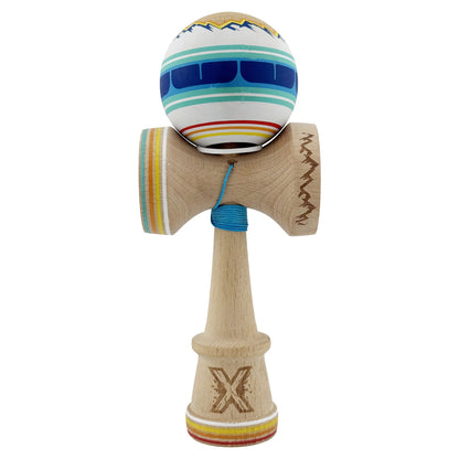 Kendama X Originala, Profesionala, Klevo, MOUNTAINS, Model Anti Skid cu Cupe Mari KING SIZE V3, Gaura in Baza, Rulment Metalic, din lemn 18 cm, Ata 62/65 cm, Albastru Multicolor