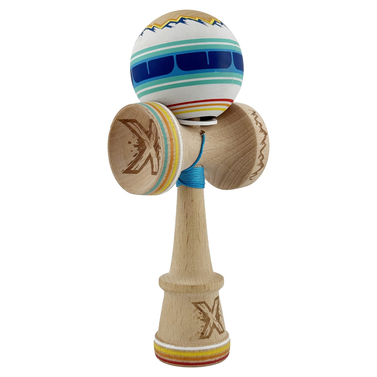 Kendama X Originala, Profesionala, Klevo, MOUNTAINS, Model Anti Skid cu Cupe Mari KING SIZE V3, Gaura in Baza, Rulment Metalic, din lemn 18 cm, Ata 62/65 cm, Albastru Multicolor