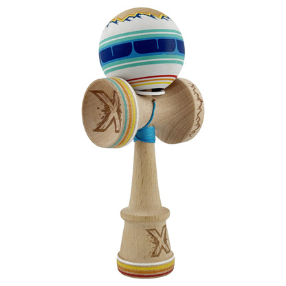 Kendama X Originala, Profesionala, Klevo, MOUNTAINS, Model Anti Skid cu Cupe Mari KING SIZE V3, Gaura in Baza, Rulment Metalic, din lemn 18 cm, Ata 62/65 cm, Albastru Multicolor