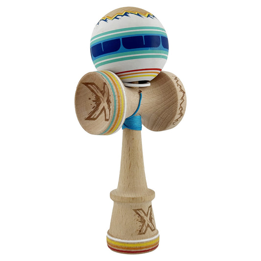 Kendama X Originala, Profesionala, Klevo, MOUNTAINS, Model Anti Skid cu Cupe Mari KING SIZE V3, Gaura in Baza, Rulment Metalic, din lemn 18 cm, Ata 62/65 cm, Albastru Multicolor