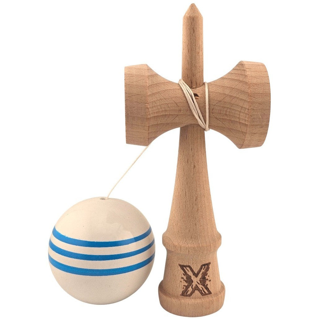 Kendama X Originala, Profesionala, Klevo, Original Super Sticky, din Lemn, 18 cm, Dark Alb/Albastru