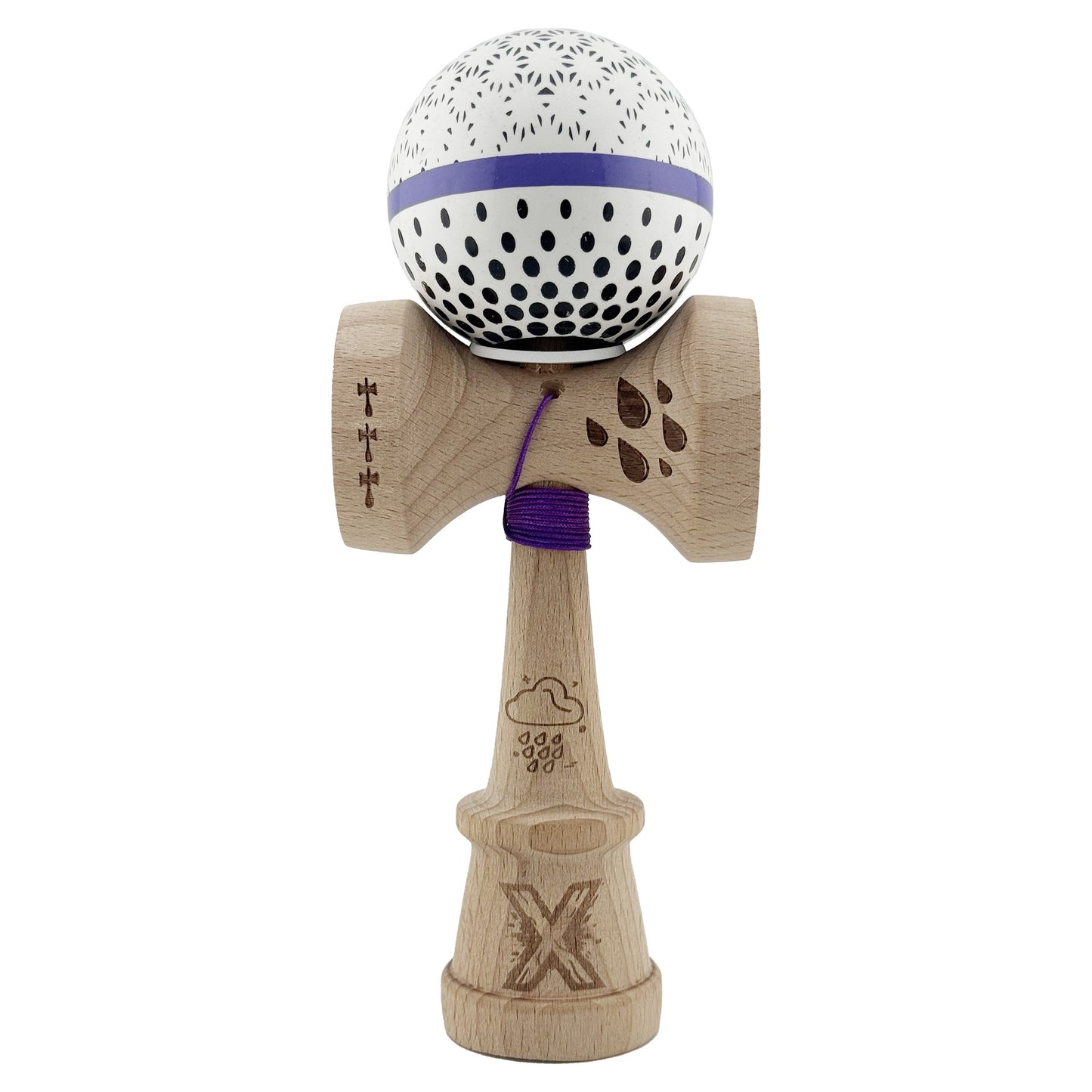 Kendama X Originala, Profesionala, Klevo, RAINDROPS, Super Sticky cu Cupe Mari KING SIZE V3, Gaura in Baza, Rulment Metalic, din lemn 18 cm, Ata 62/65 cm, Alb/Albastru