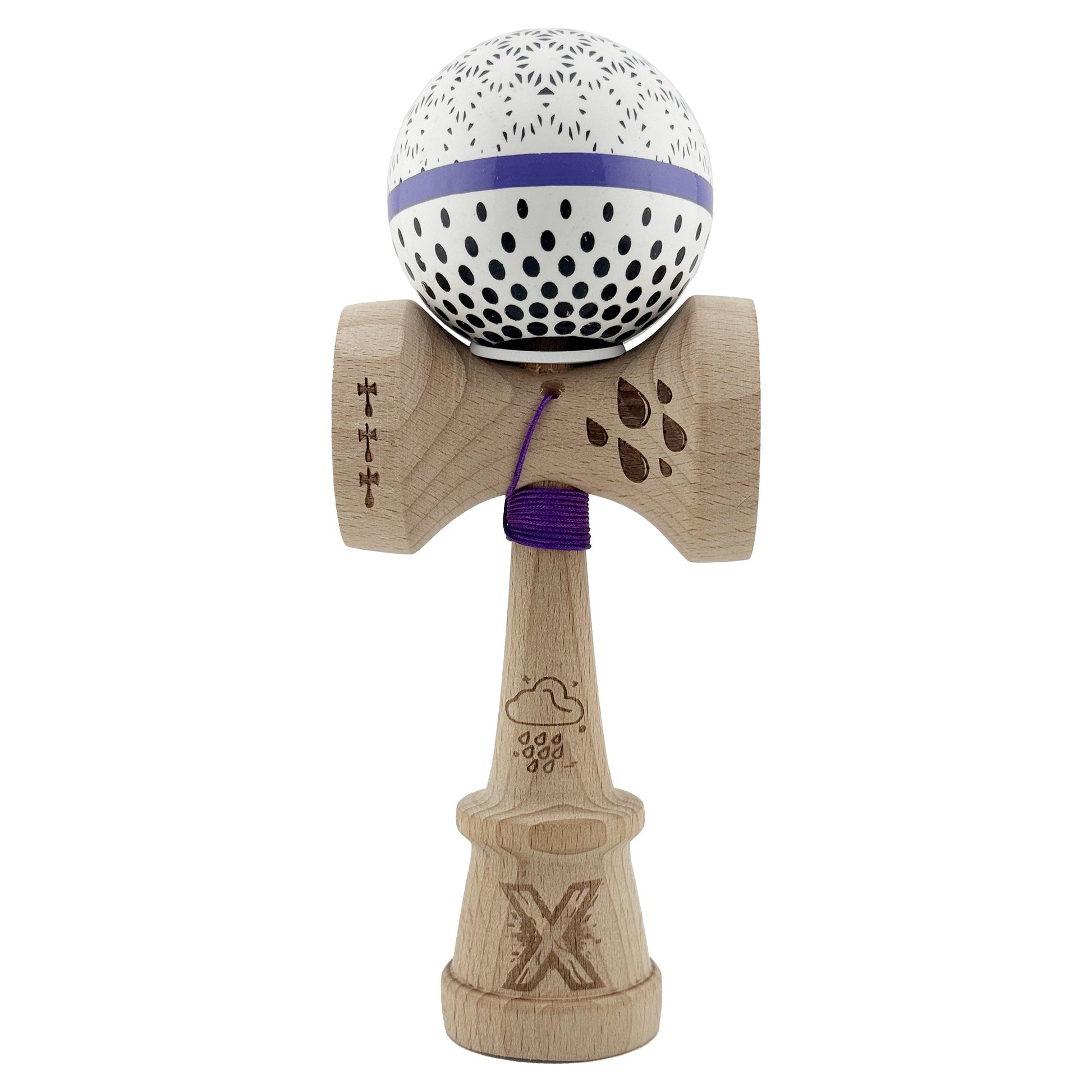 Kendama X Originala, Profesionala, Klevo, RAINDROPS, Super Sticky cu Cupe Mari KING SIZE V3, Gaura in Baza, Rulment Metalic, din lemn 18 cm, Ata 62/65 cm, Alb/Albastru