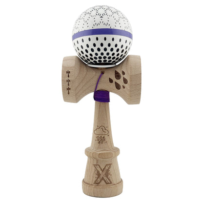 Kendama X Originala, Profesionala, Klevo, RAINDROPS, Super Sticky cu Cupe Mari KING SIZE V3, Gaura in Baza, Rulment Metalic, din lemn 18 cm, Ata 62/65 cm, Alb/Albastru