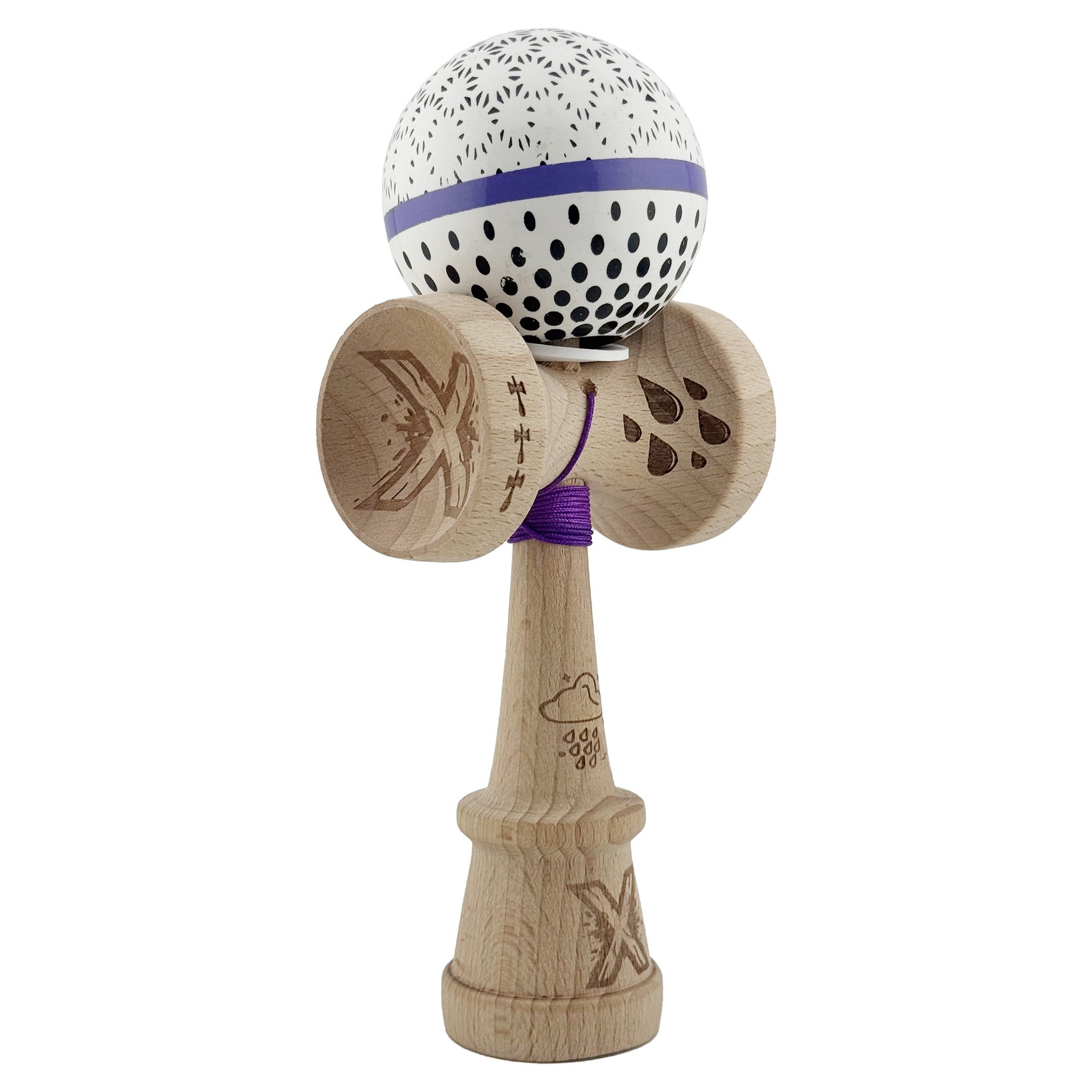 Kendama X Originala, Profesionala, Klevo, RAINDROPS, Super Sticky cu Cupe Mari KING SIZE V3, Gaura in Baza, Rulment Metalic, din lemn 18 cm, Ata 62/65 cm, Alb/Albastru