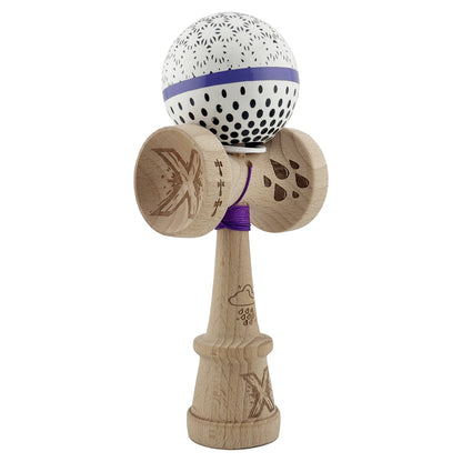 Kendama X Originala, Profesionala, Klevo, RAINDROPS, Super Sticky cu Cupe Mari KING SIZE V3, Gaura in Baza, Rulment Metalic, din lemn 18 cm, Ata 62/65 cm, Alb/Albastru