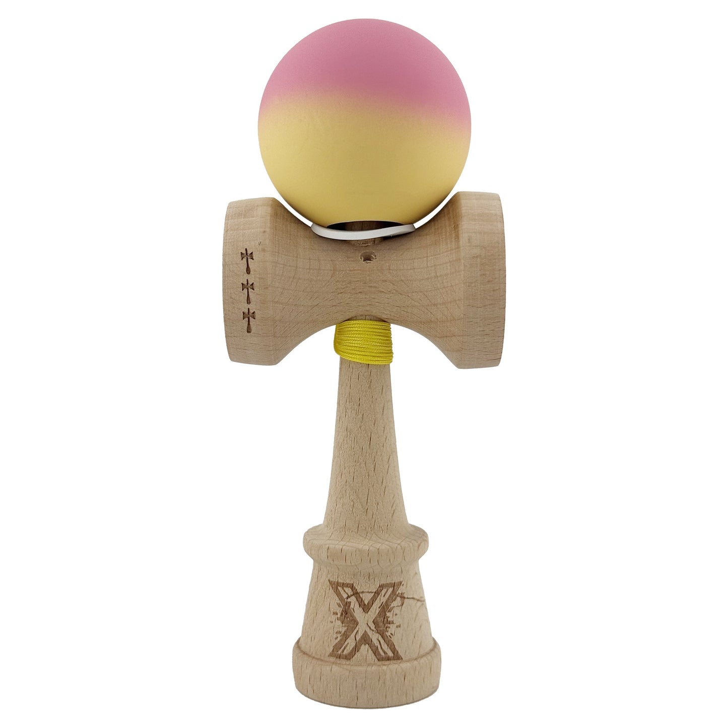 Kendama X Originala, Profesionala, Klevo, Rubber Grip, Cupe Mari KING SIZE V3, Gaura in Baza, Rulment Metalic, din lemn 18 cm, Ata 62/65 cm, Gradient Roz/Galben