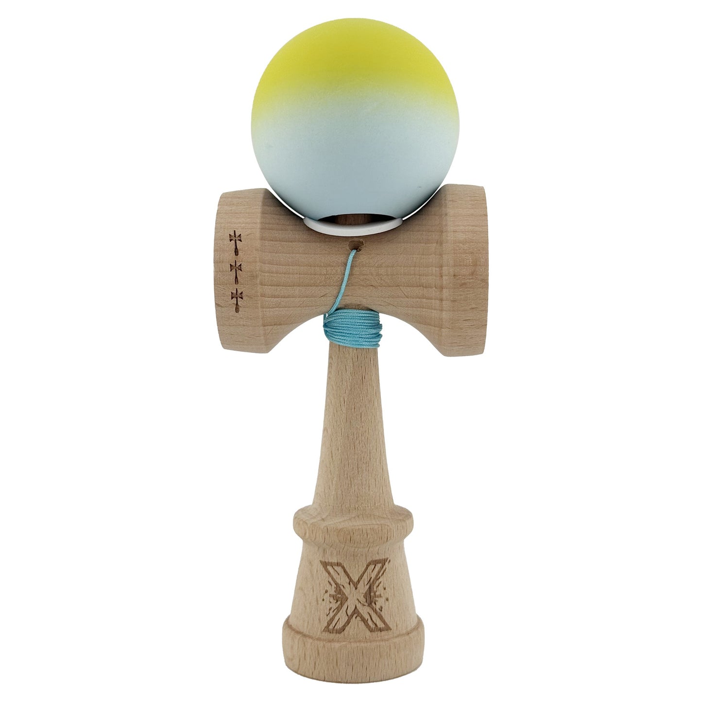 Kendama X Originala, Profesionala, Klevo, Rubber Grip, Cupe Mari KING SIZE V3, Gaura in Baza, Rulment Metalic, din lemn 18 cm, Ata 62/65 cm, Gradient Galben/Verde deschis