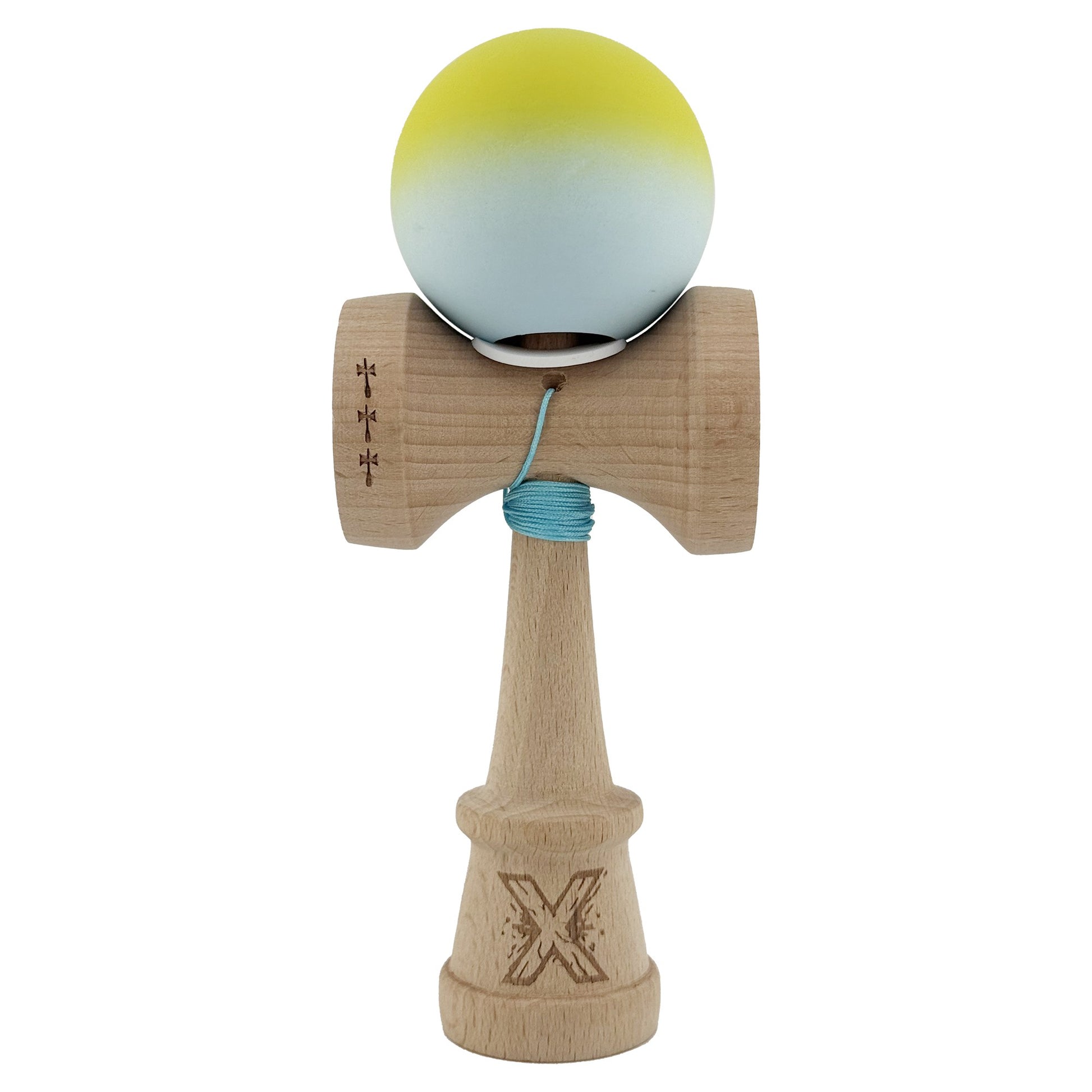 Kendama X Originala, Profesionala, Klevo, Rubber Grip, Cupe Mari KING SIZE V3, Gaura in Baza, Rulment Metalic, din lemn 18 cm, Ata 62/65 cm, Gradient Galben/Verde deschis