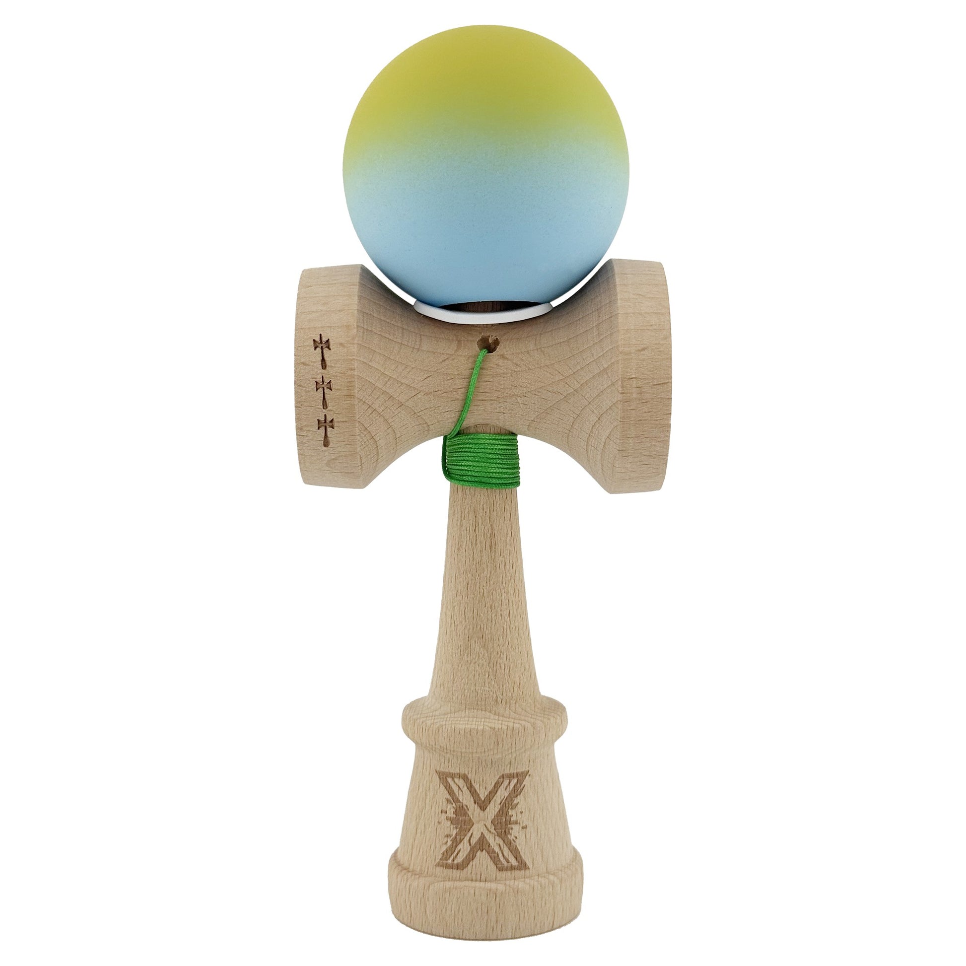 Kendama X Originala, Profesionala, Klevo, Rubber Grip, Cupe Mari KING SIZE V3, Gaura in Baza, Rulment Metalic, din lemn 18 cm, Ata 62/65 cm, Gradient Galben/Albastru deschis