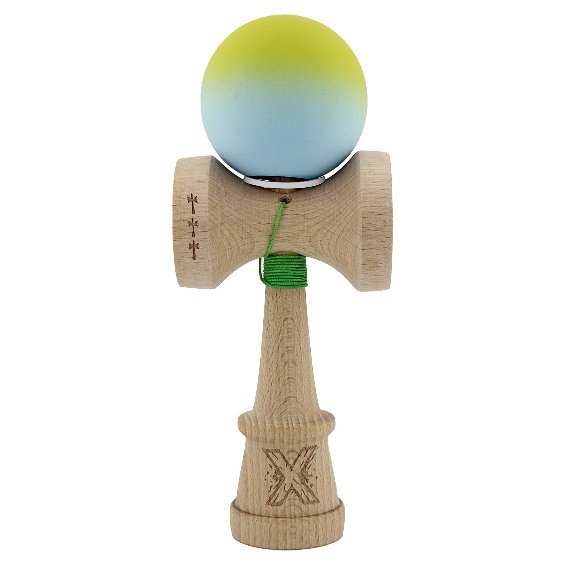 Kendama X Originala, Profesionala, Klevo, Rubber Grip, Cupe Mari KING SIZE V3, Gaura in Baza, Rulment Metalic, din lemn 18 cm, Ata 62/65 cm, Gradient Galben/Albastru