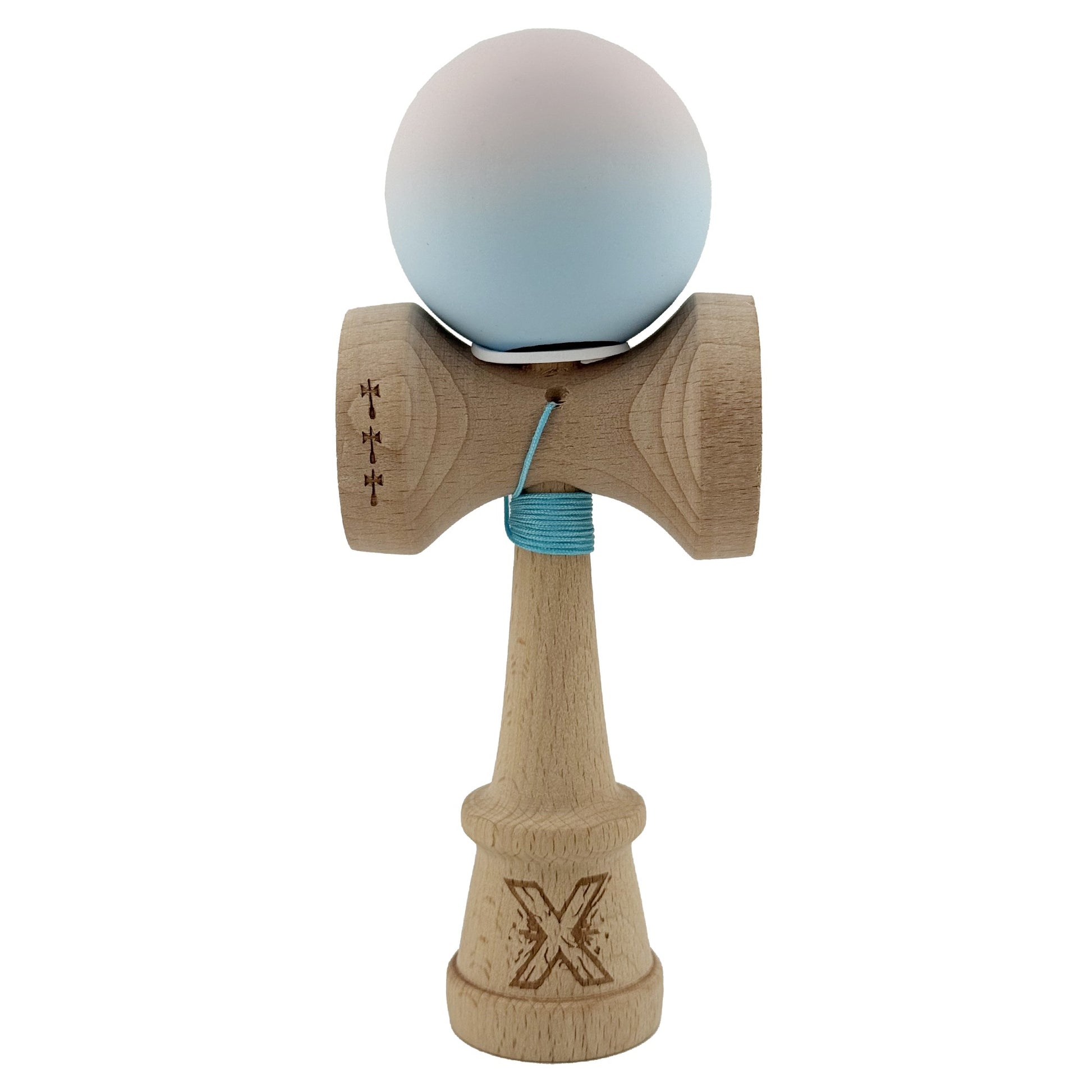Kendama X Originala, Profesionala, Klevo, Rubber Grip, Cupe Mari KING SIZE V3, Gaura in Baza, Rulment Metalic, din lemn 18 cm, Ata 62/65 cm, Gradient Lila/Turcoaz