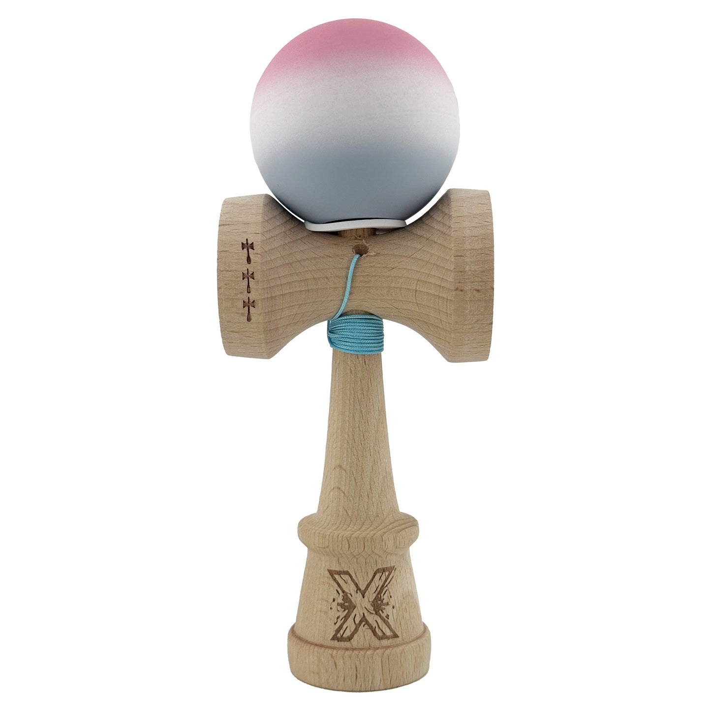 Kendama X Originala, Profesionala, Klevo, Rubber Grip, Cupe Mari KING SIZE V3, Gaura in Baza, Rulment Metalic, din lemn 18 cm, Ata 62/65 cm, Gradient Roz/Alb/Gri