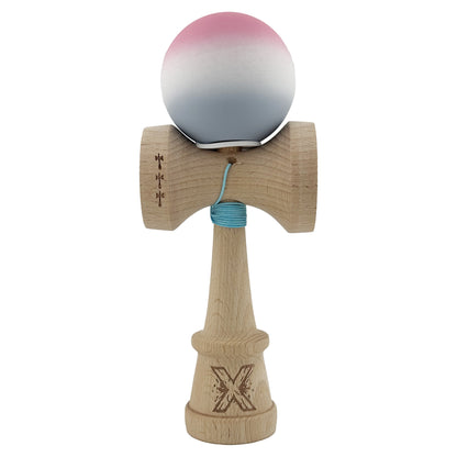 Kendama X Originala, Profesionala, Klevo, Rubber Grip, Cupe Mari KING SIZE V3, Gaura in Baza, Rulment Metalic, din lemn 18 cm, Ata 62/65 cm, Gradient Roz/Alb/Gri