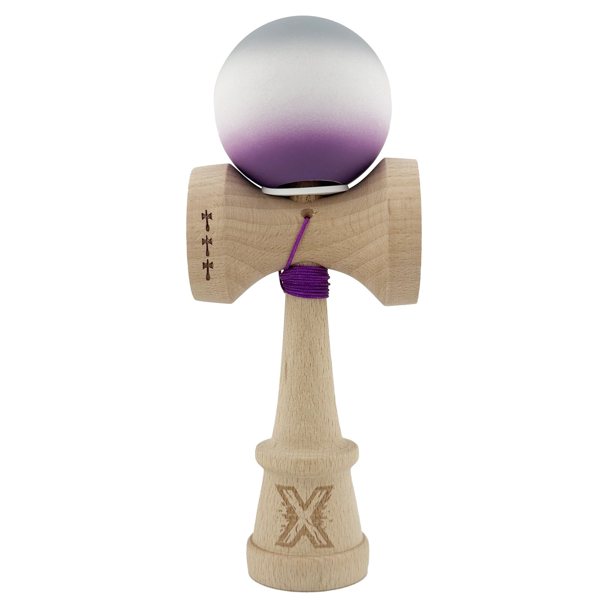 Kendama X Originala, Profesionala, Klevo, Rubber Grip, Cupe Mari KING SIZE V3, Gaura in Baza, Rulment Metalic, din lemn 18 cm, Ata 62/65 cm, Gradient Gri/Alb/Mov